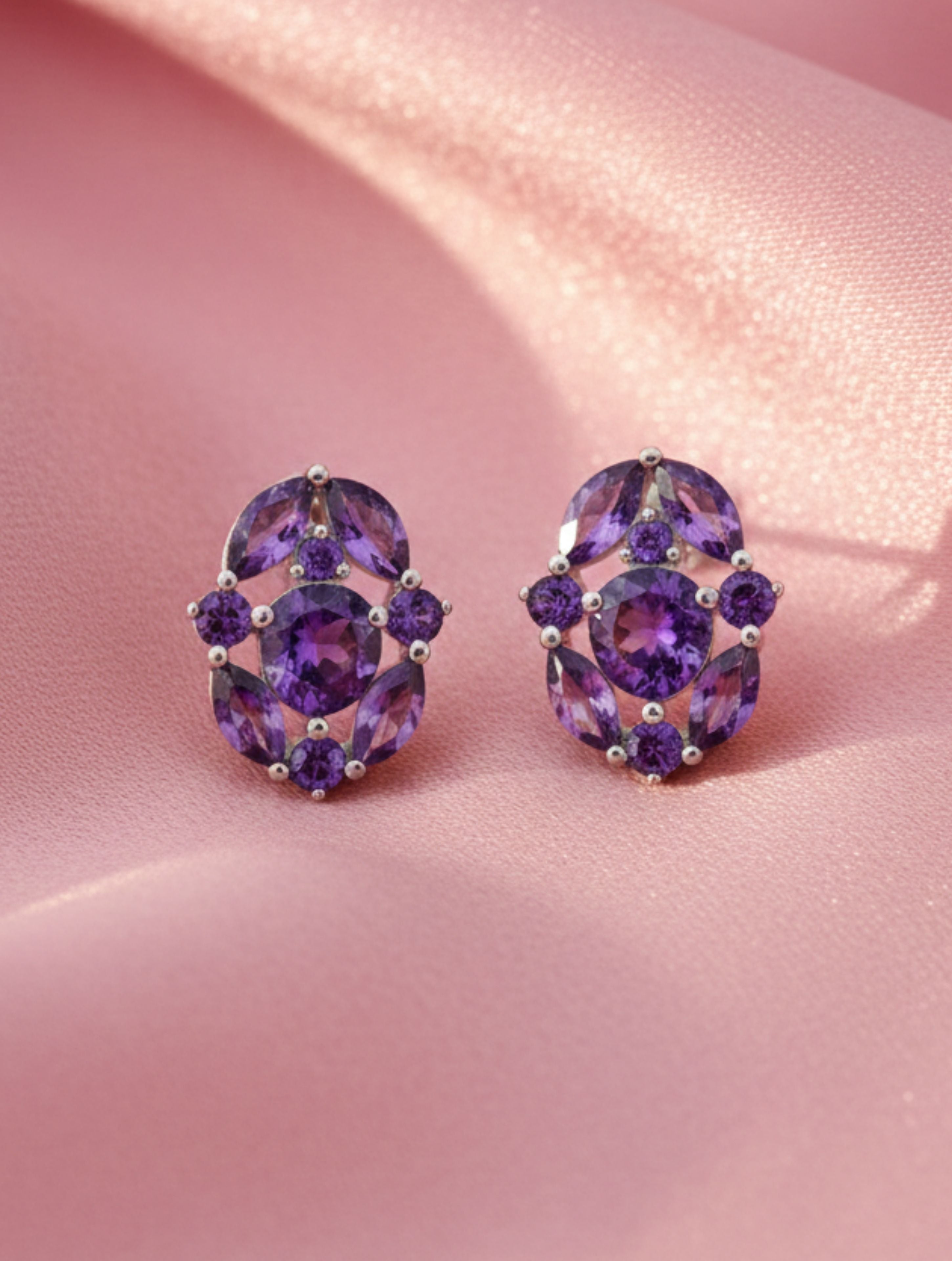 Oval Amethyst Cluster Stud Earrings in 925 Sterling Silver