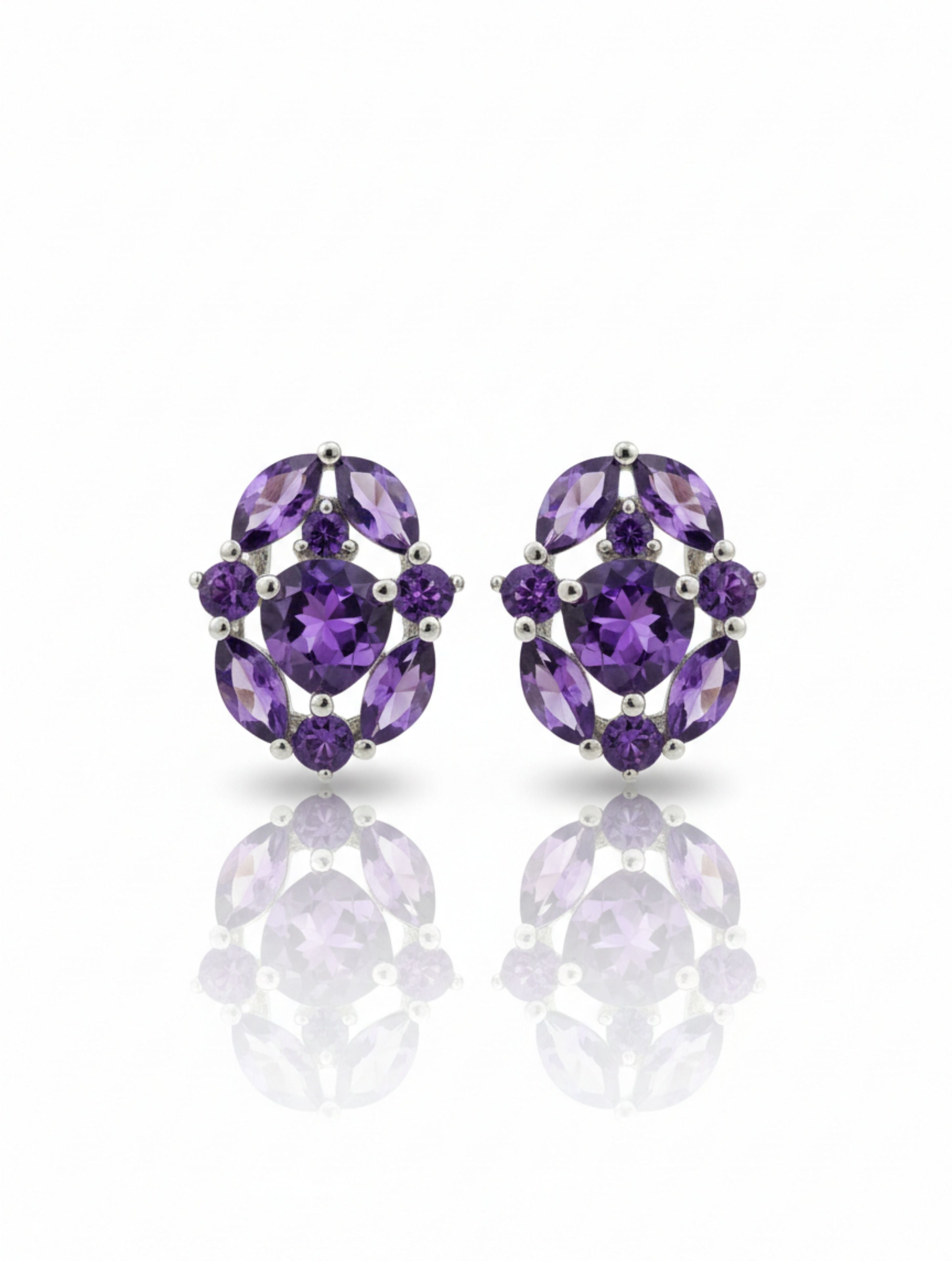 Oval Amethyst Cluster Stud Earrings in 925 Sterling Silver