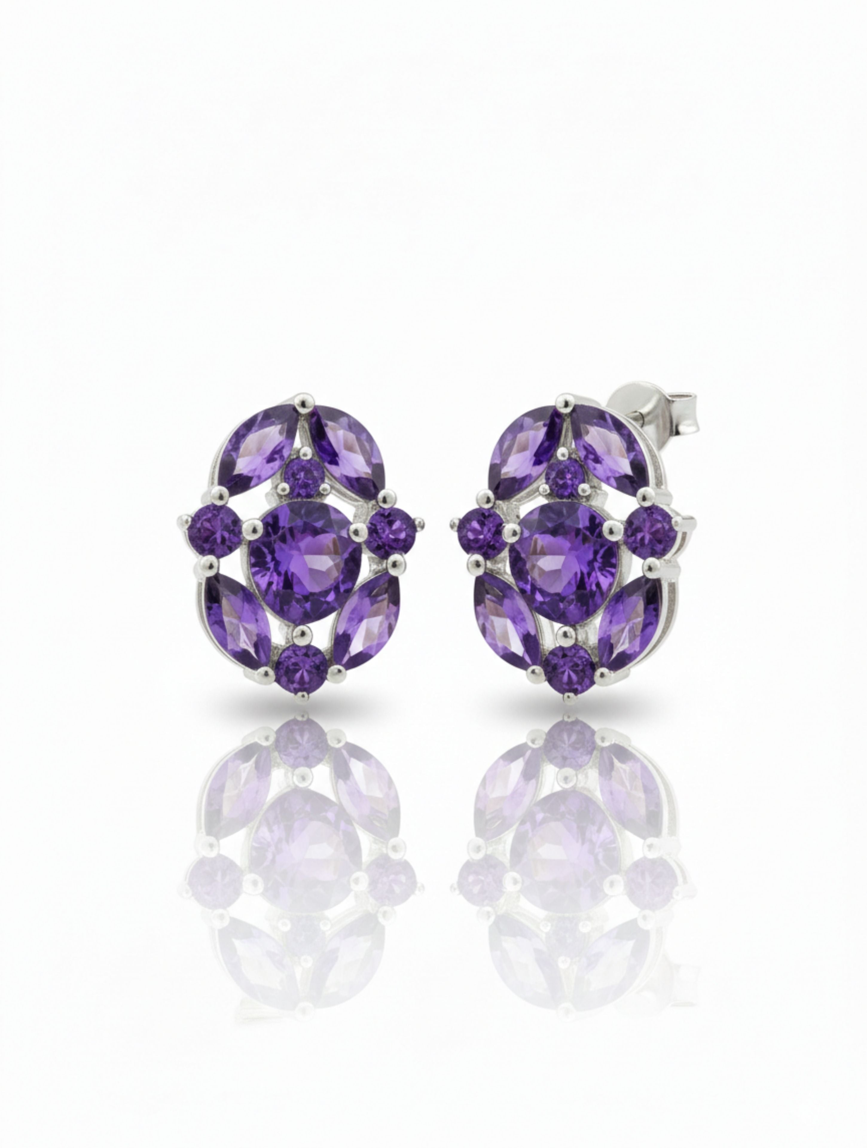 Oval Amethyst Cluster Stud Earrings in 925 Sterling Silver
