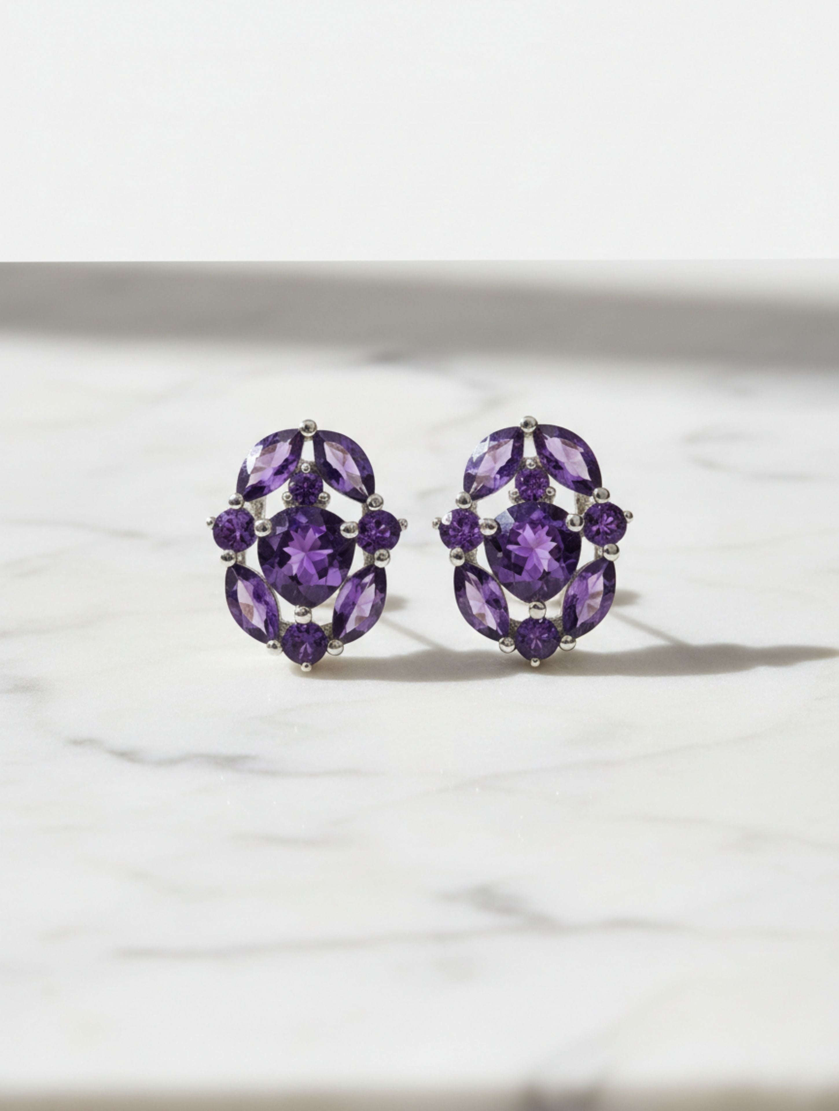 Oval Amethyst Cluster Stud Earrings in 925 Sterling Silver