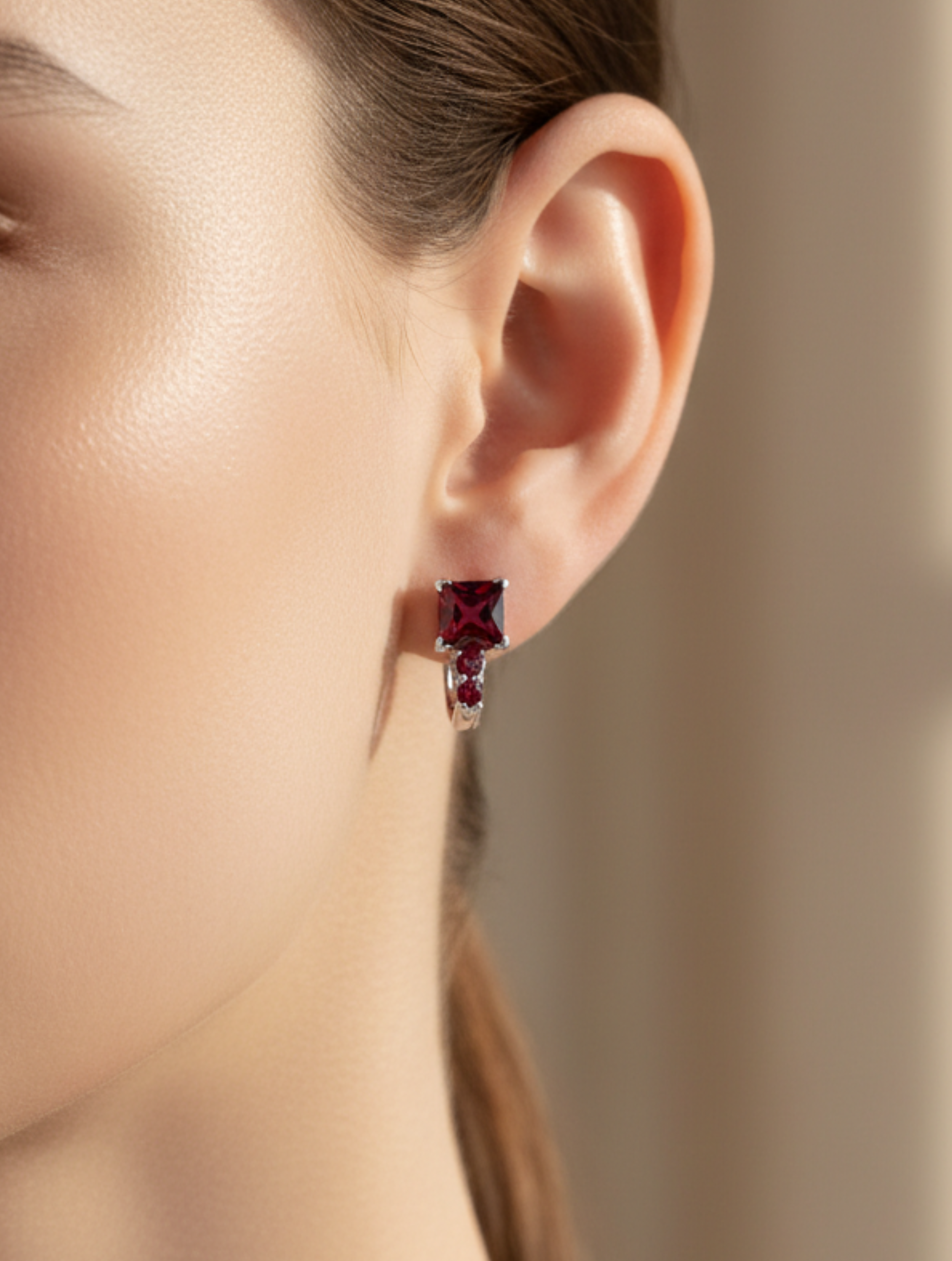 Princess-Cut Natural Garnet Stud Earrings in 925 Sterling Silver