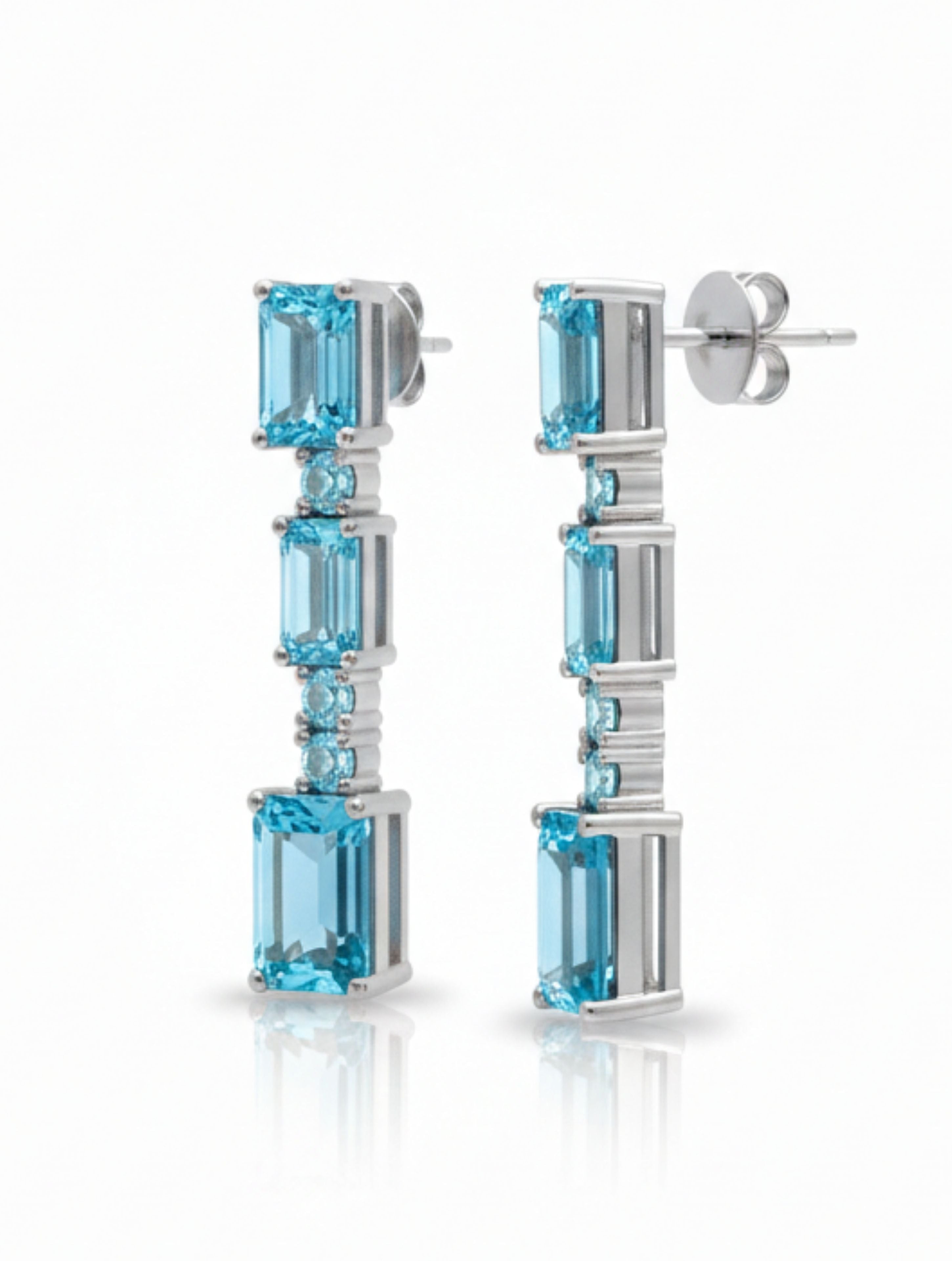 Rhodium Blue Topaz Multi-Cut Pietra 925 Sterling Silver Studs Earrings For Women
