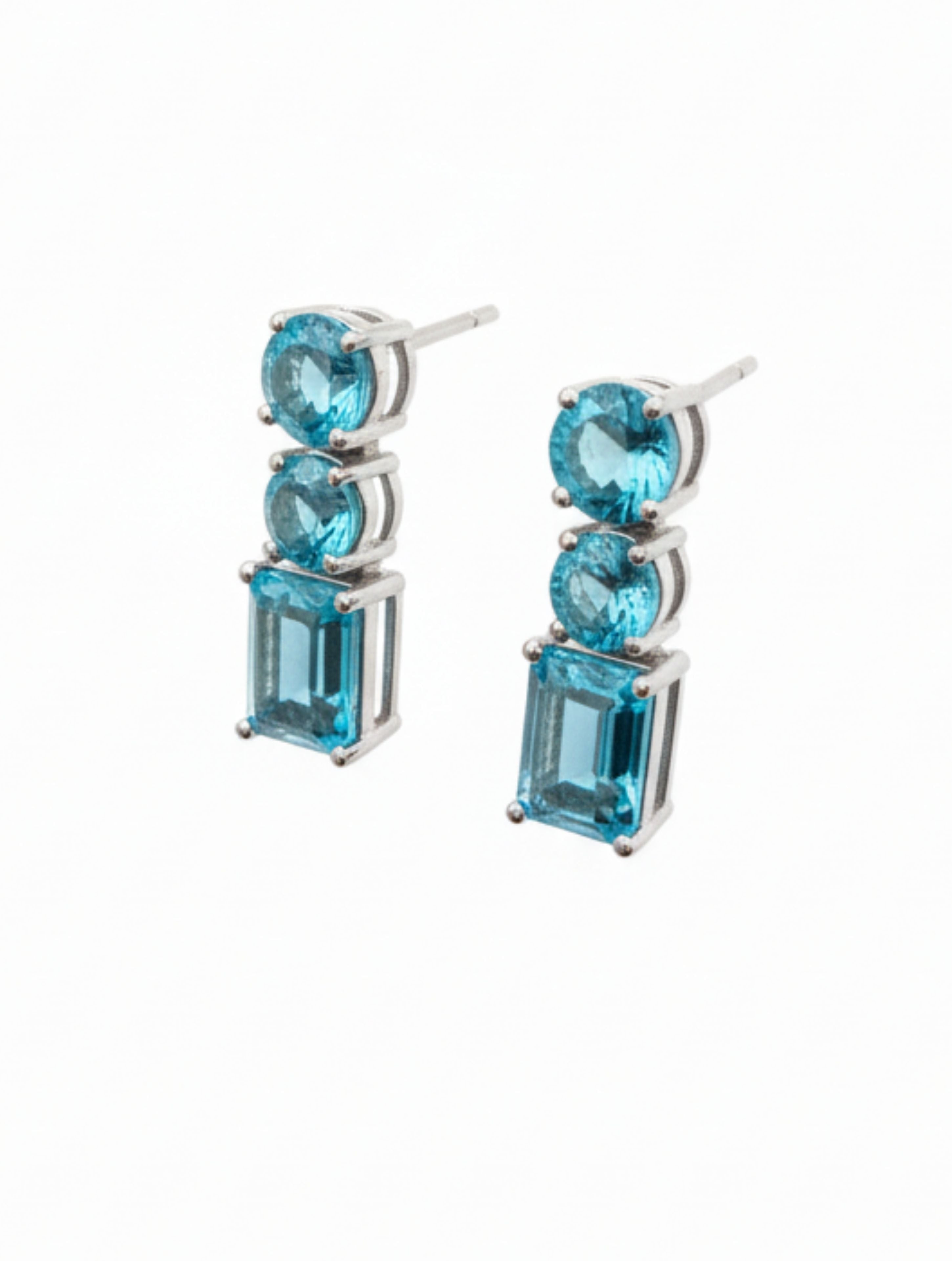 Natural Blue Topaz Triple-Stone Drop Earrings in 925 Sterling Silver