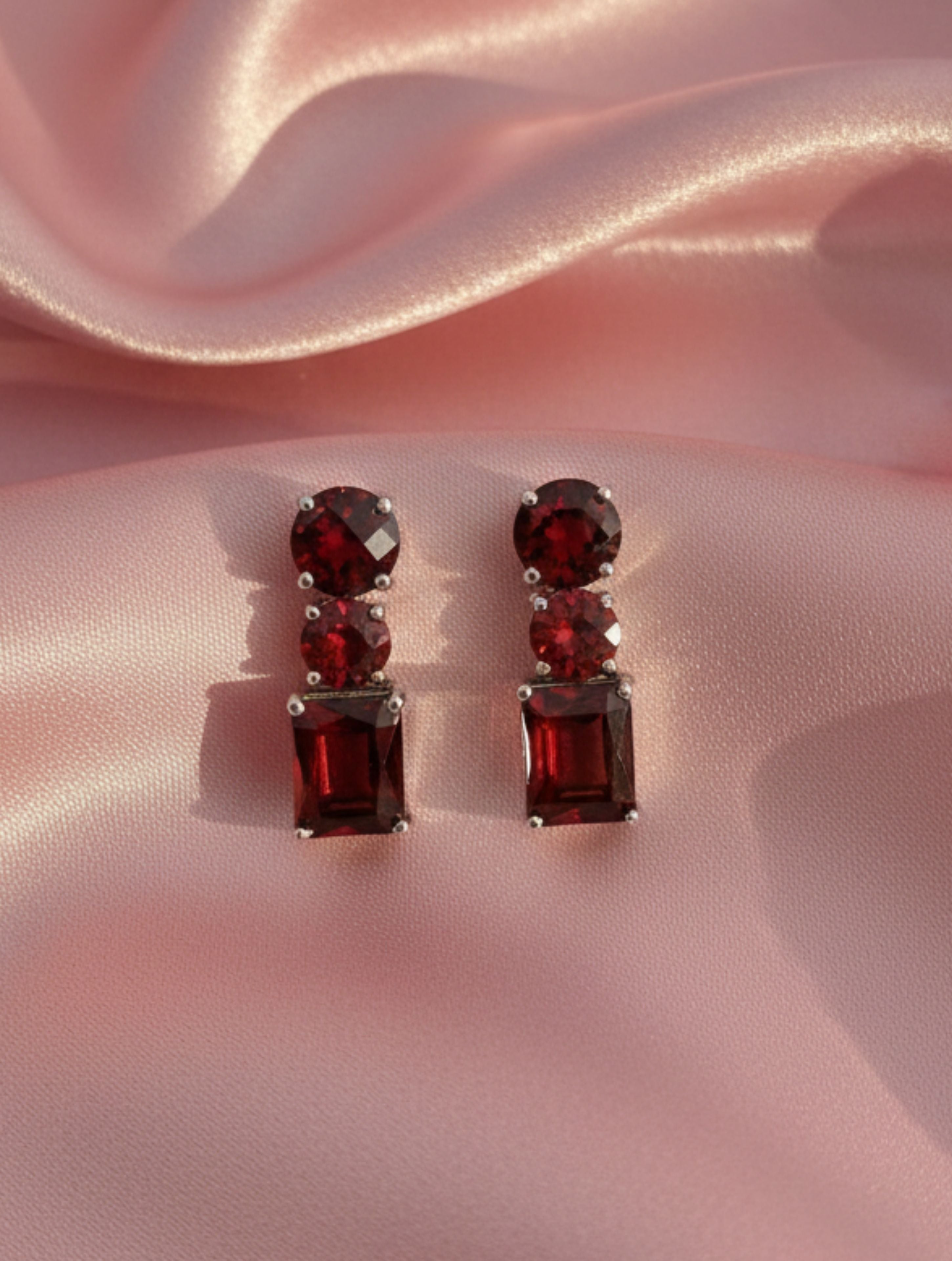 Natural Garnet Triple-Stone Drop Earrings in 925 Sterling Silver