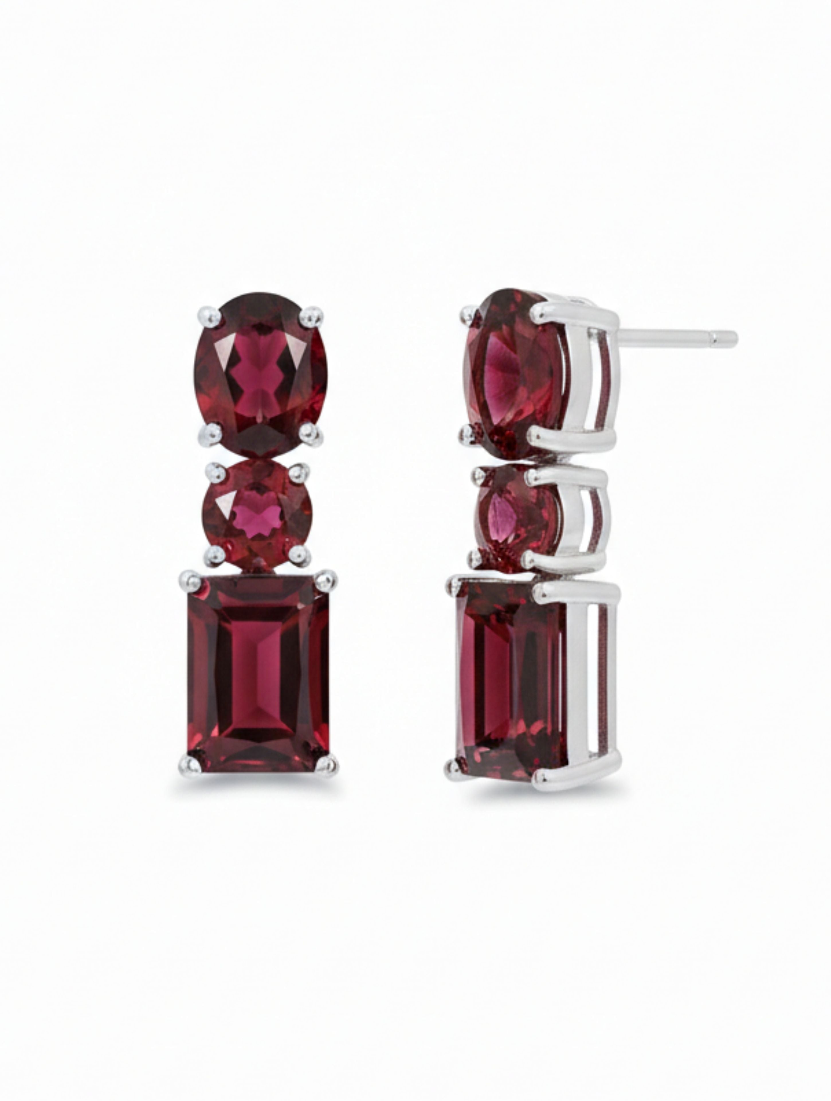 Natural Garnet Triple-Stone Drop Earrings in 925 Sterling Silver