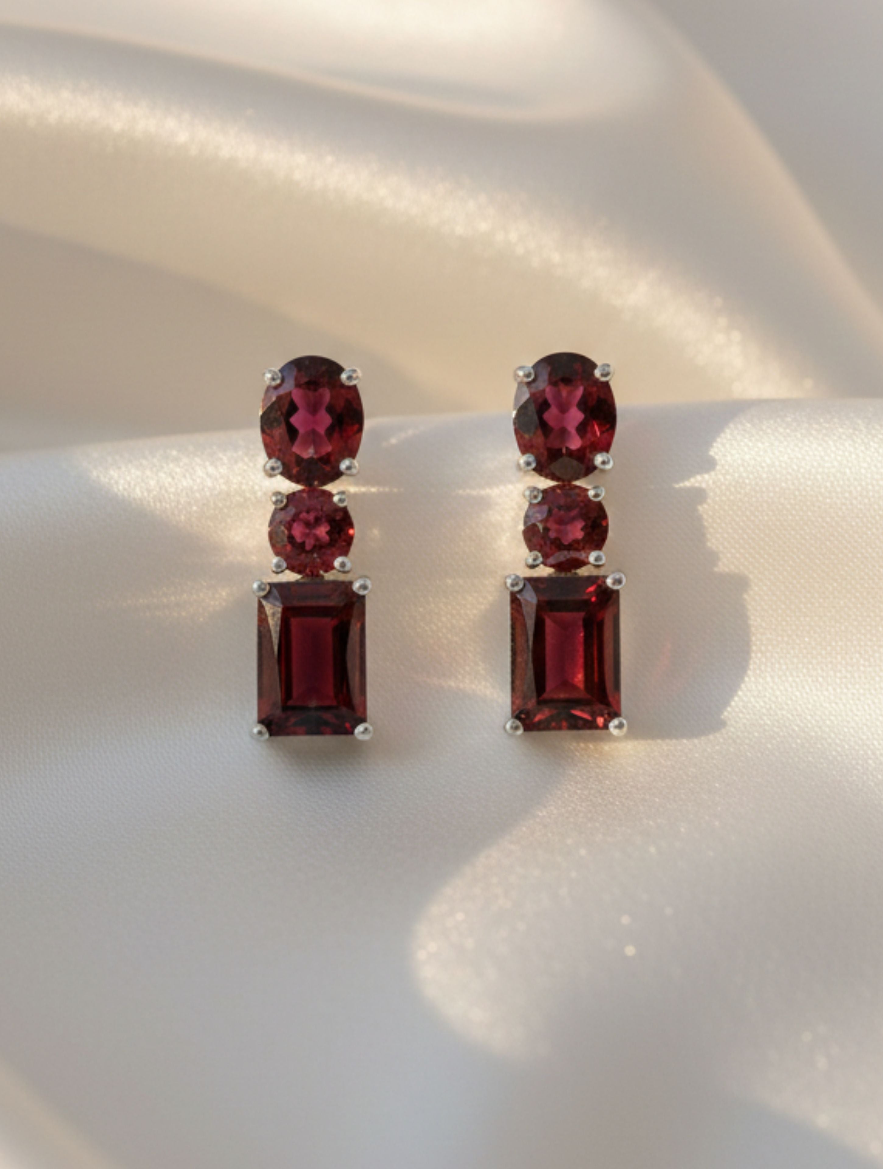Natural Garnet Triple-Stone Drop Earrings in 925 Sterling Silver