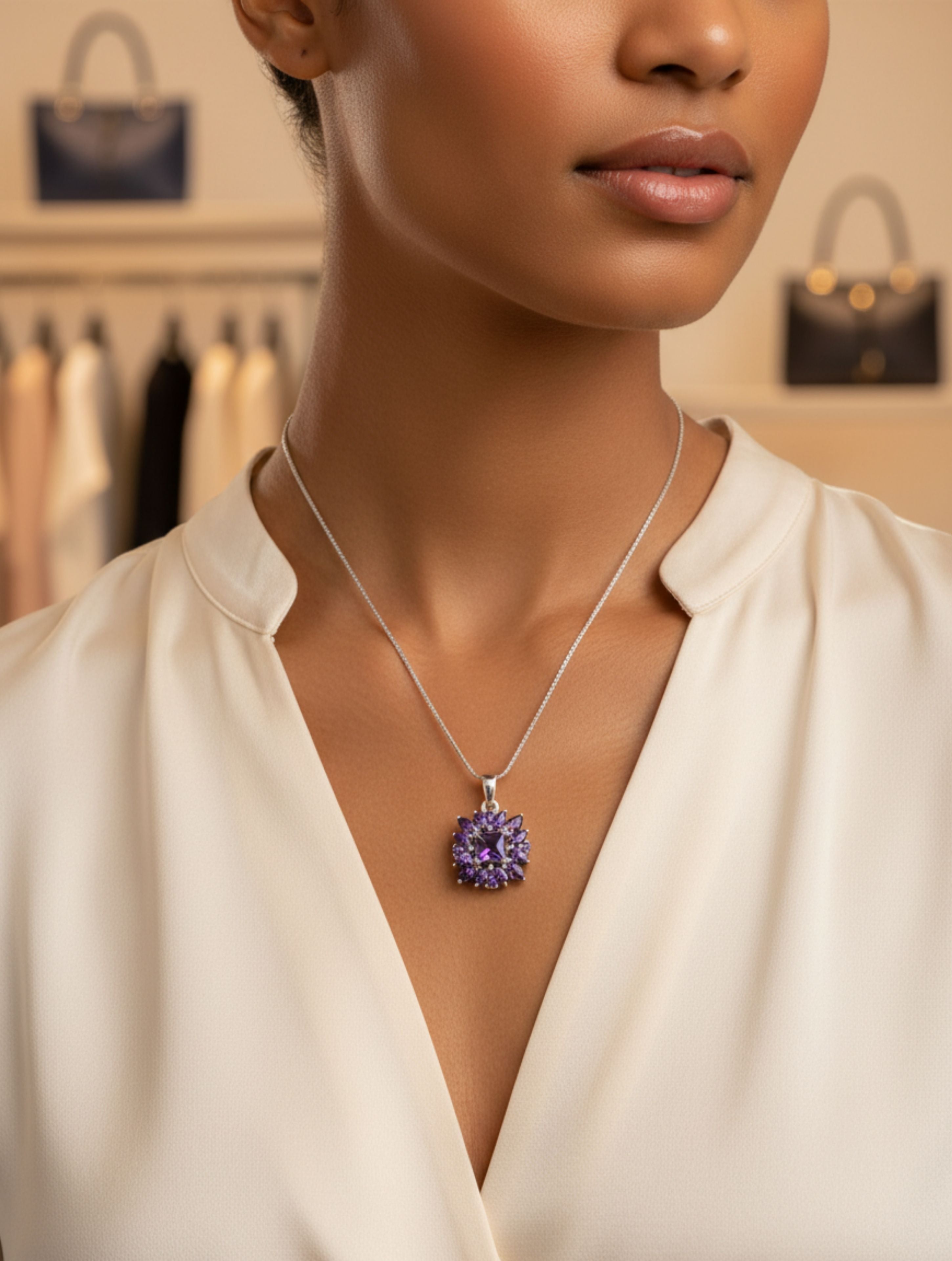 Natural Amethyst Floral Mandala Pendant in 925 Sterling Silver