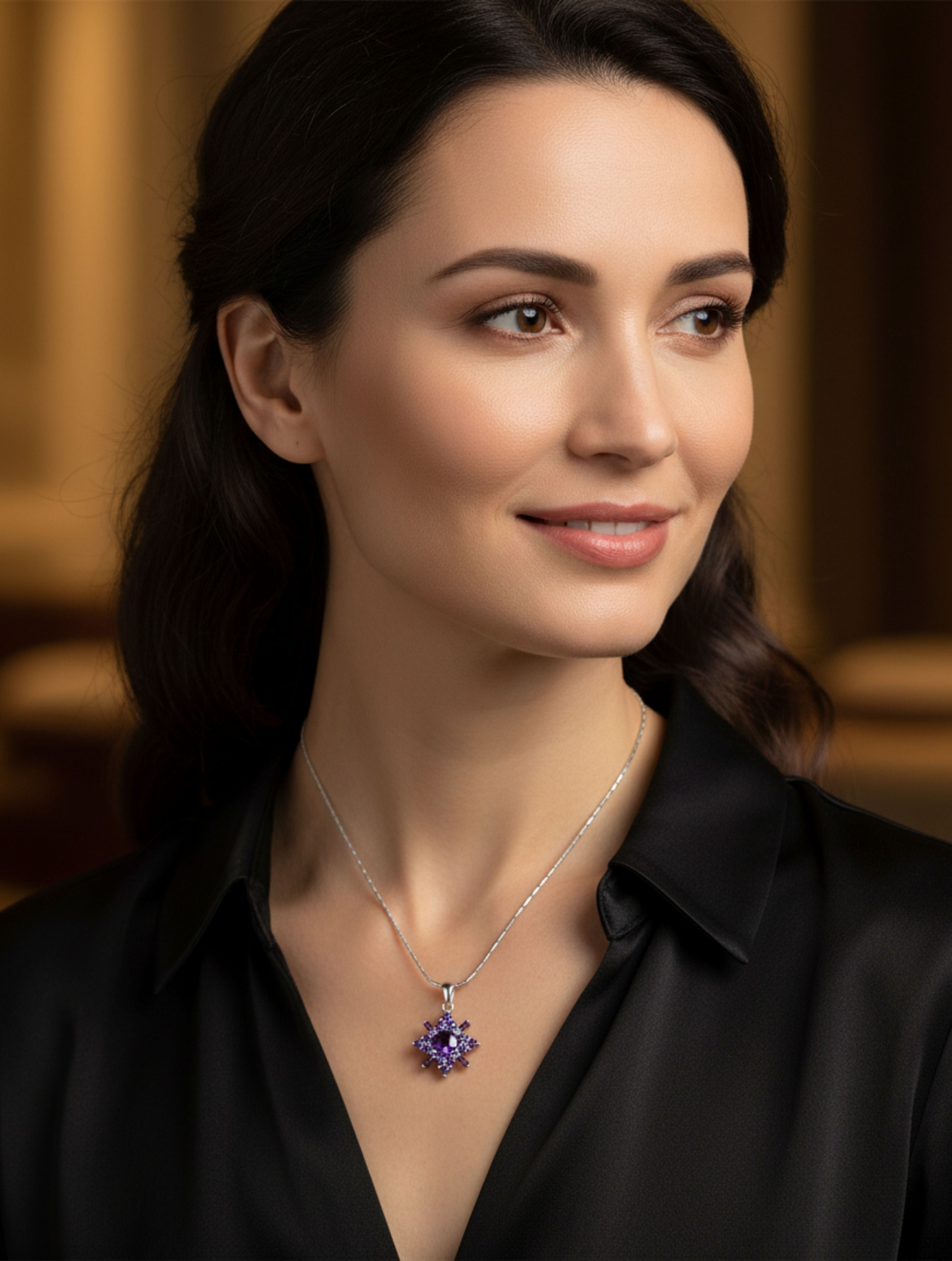 925 Sterling Silver Celestial Amethyst Starburst Pendant