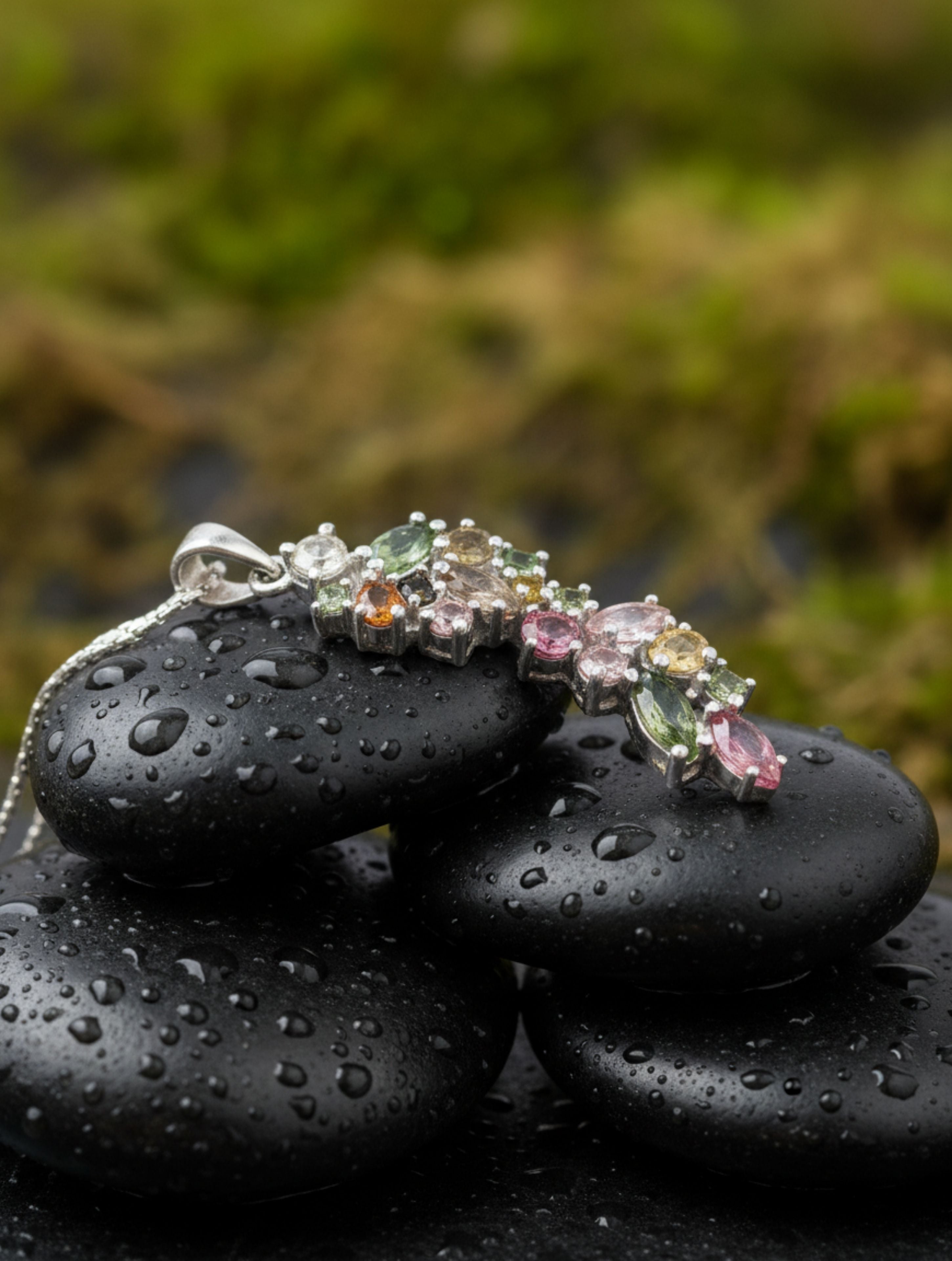 Natural Multi-Tourmaline Cluster Pendant in 925 Sterling Silver