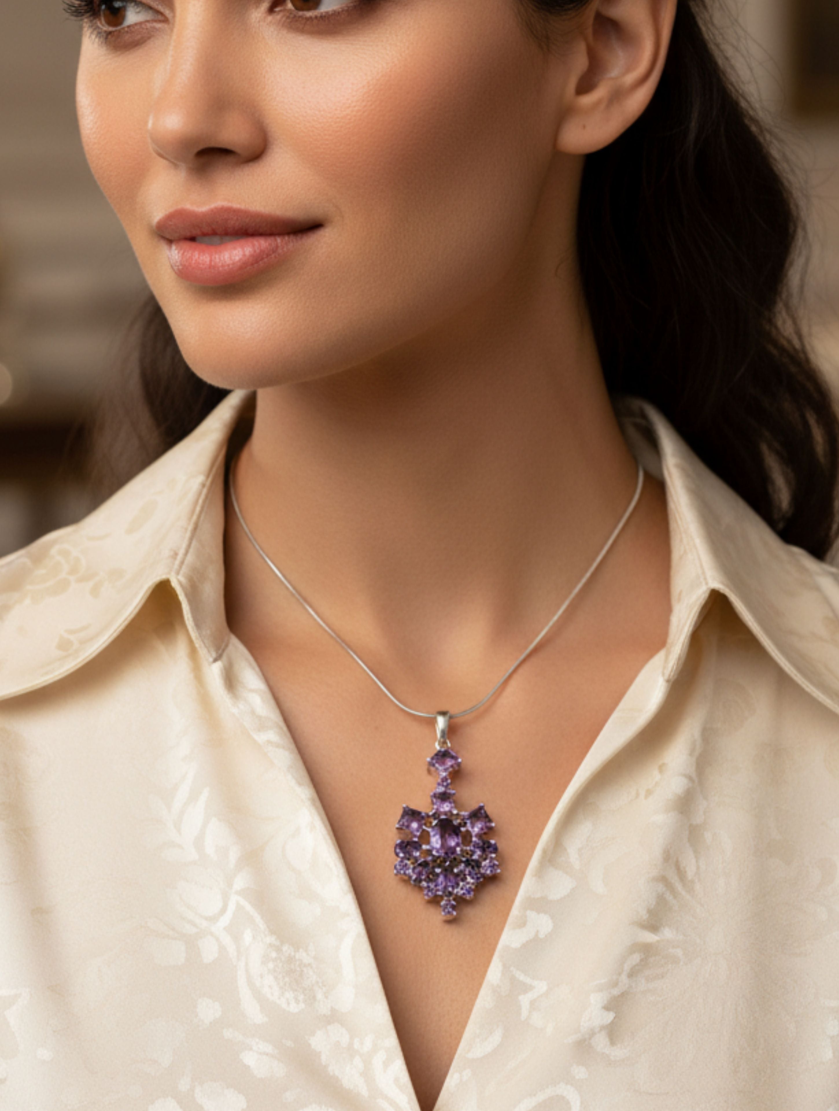 Natural Amethyst Snowflake Pendant in 925 Sterling Silver