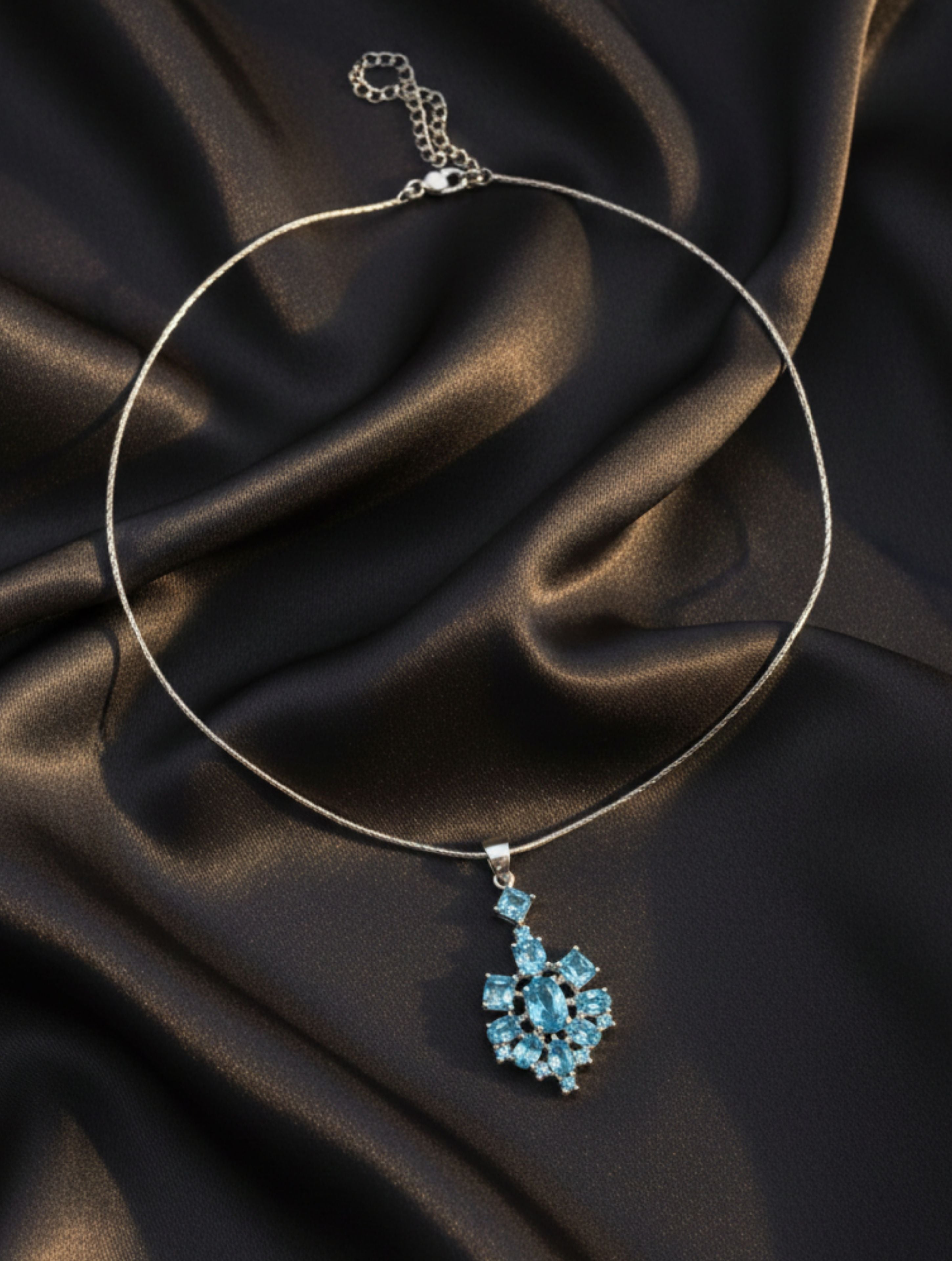 Natural Blue Topaz Snowflake Cluster Pendant in 925 Sterling Silver