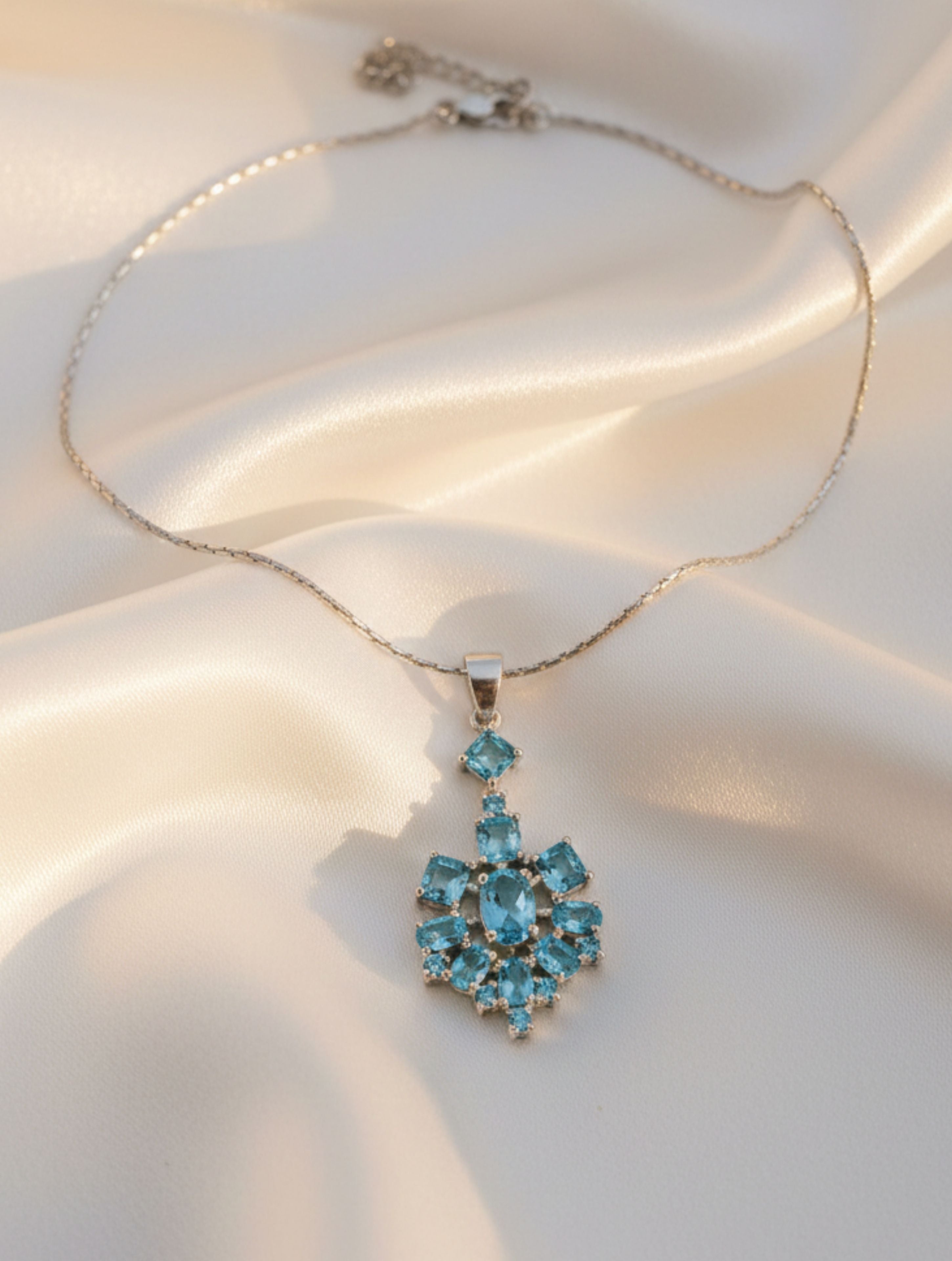 Natural Blue Topaz Snowflake Cluster Pendant in 925 Sterling Silver