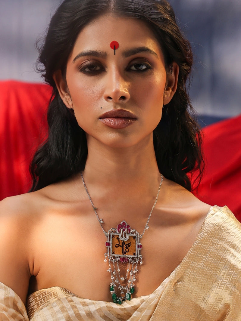 Sterling Silver Green Jade Durga Motif Necklace with Wooden Carvings