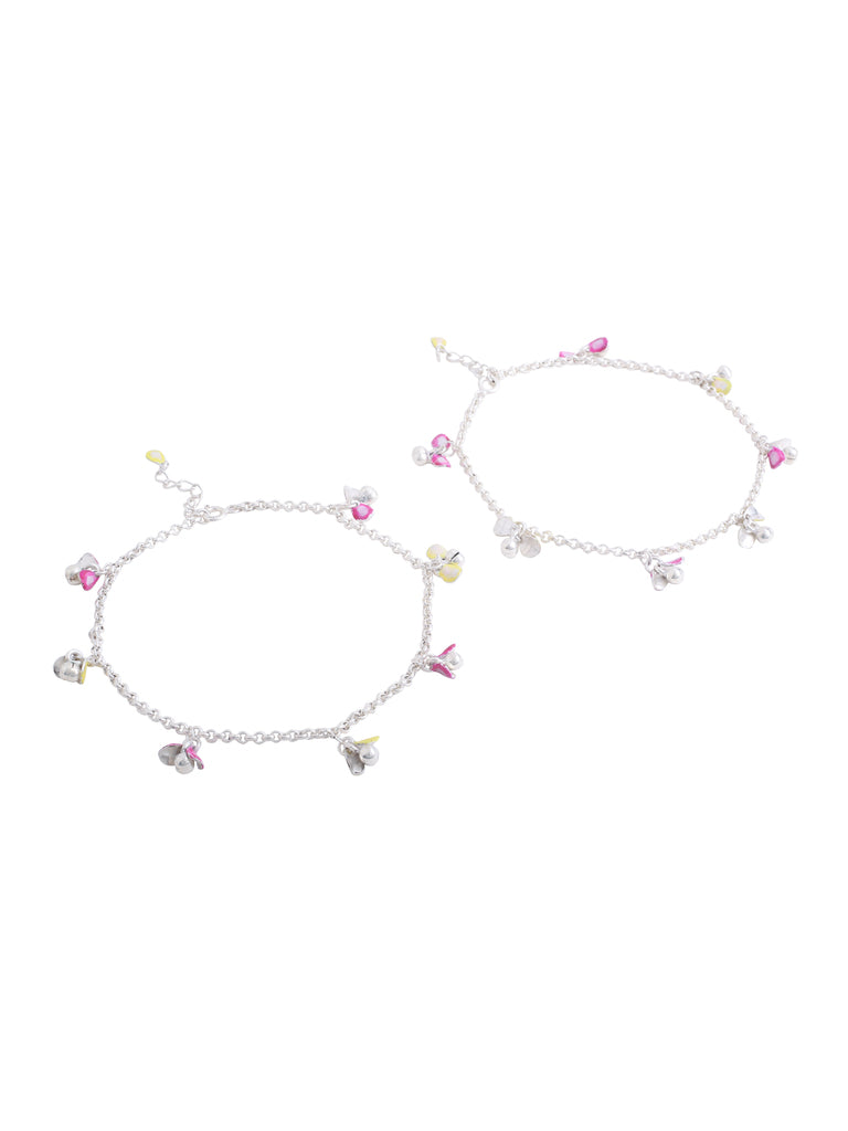 Chic Sterling Silver Anklet with Dual Enamel Petal Charms - Kicky & Perky