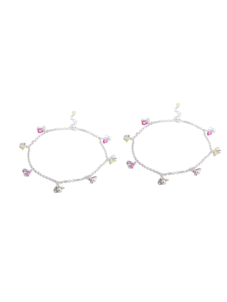 Chic Sterling Silver Anklet with Dual Enamel Petal Charms - Kicky & Perky