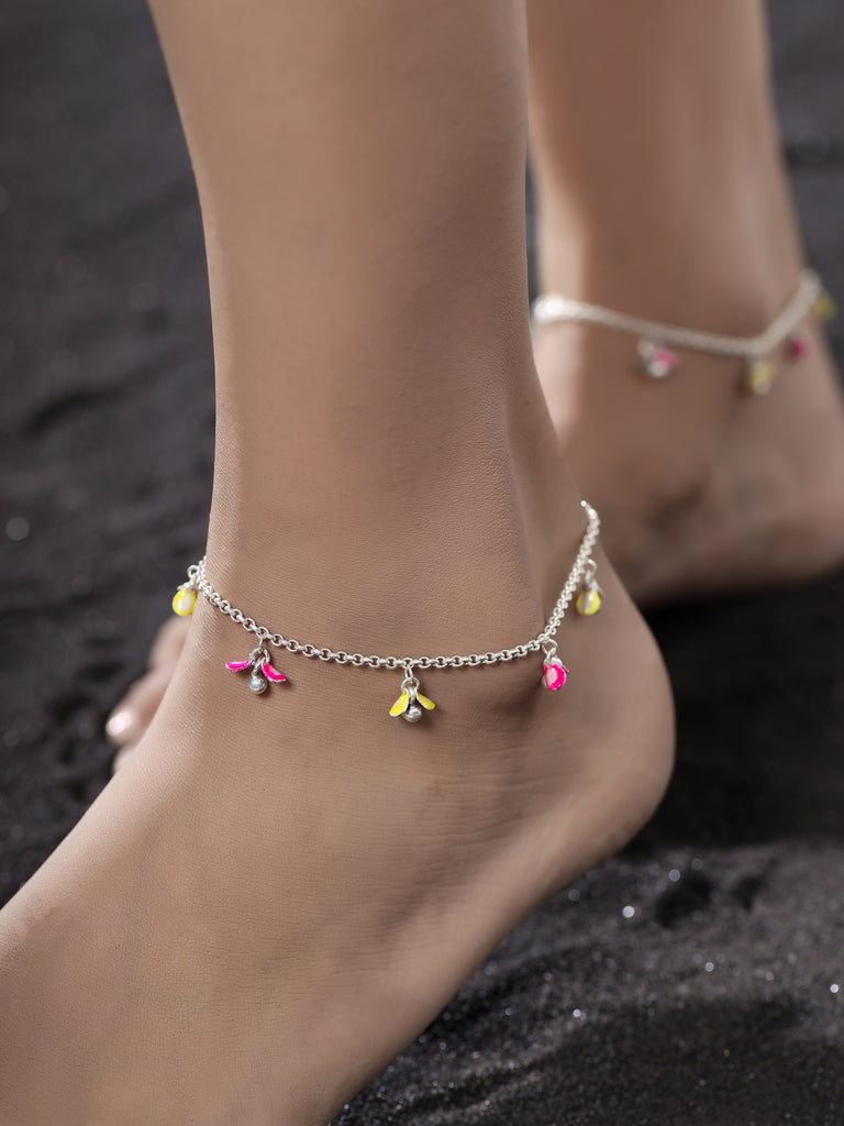 Chic Sterling Silver Anklet with Dual Enamel Petal Charms - Kicky & Perky