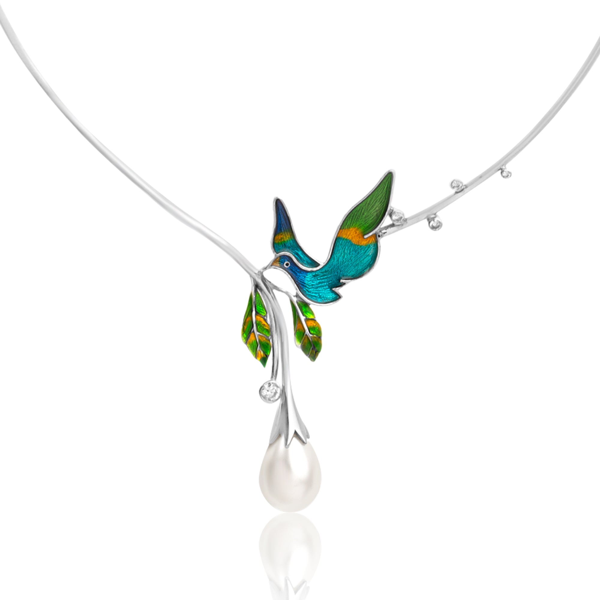 Enamel Bird Pendant Necklace in Real Rhodium - Kicky & Perky