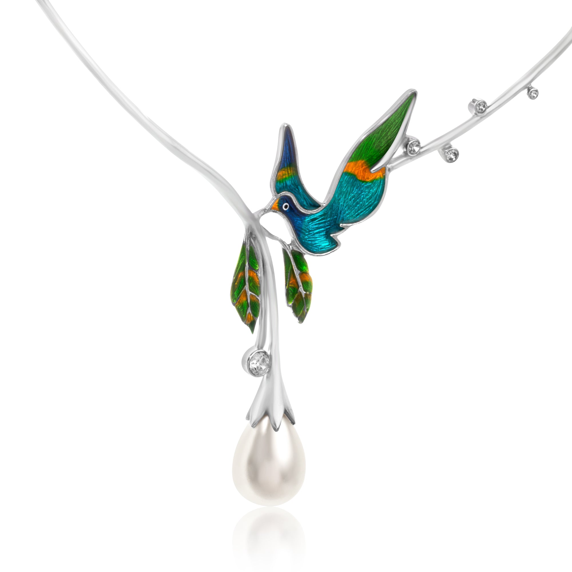 Enamel Bird Pendant Necklace in Real Rhodium - Kicky & Perky