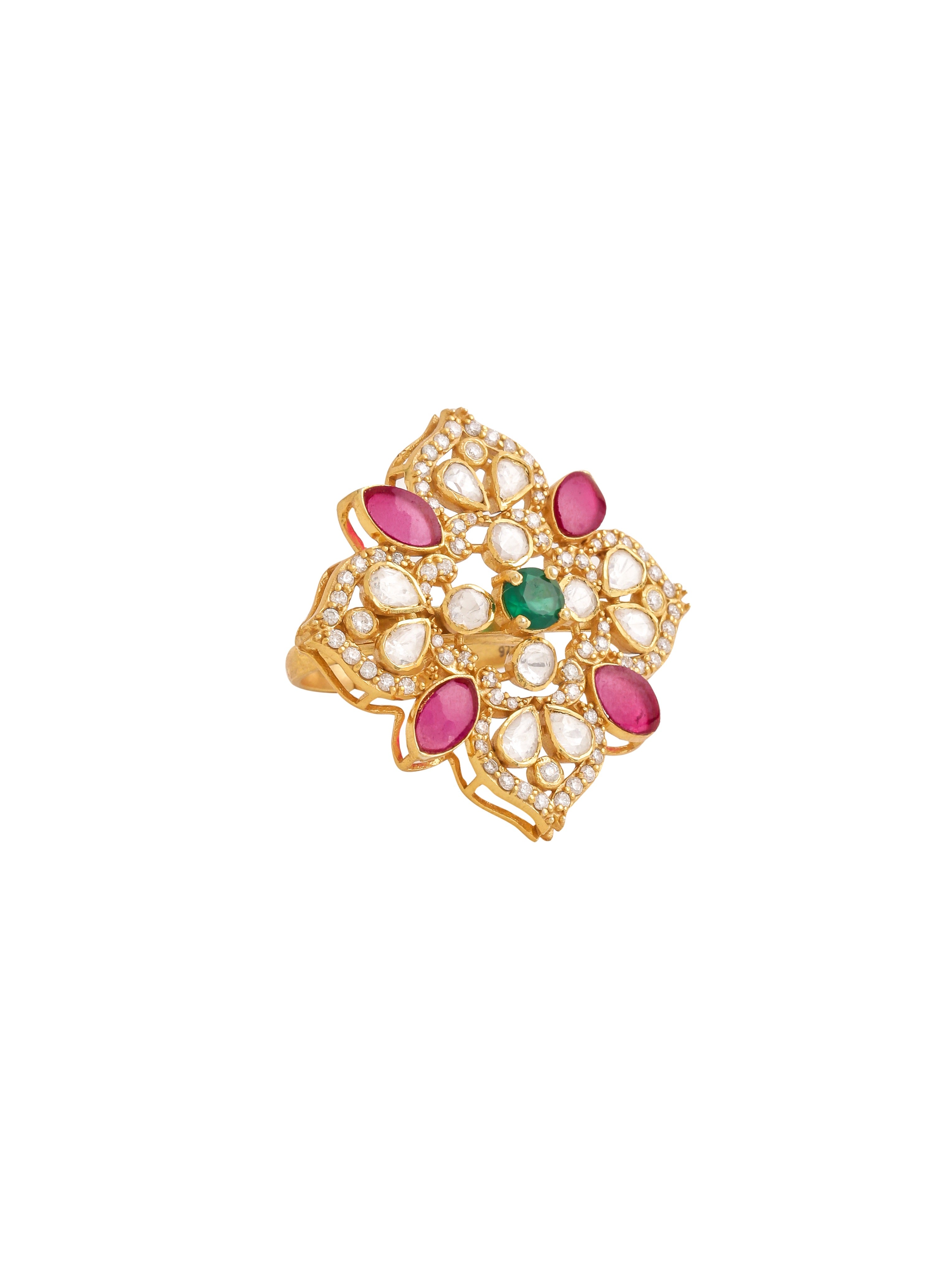 24K Gold plated Mughal-Inspired Green Onyx & Polki Wedding Bliss 925 Sterling Silver Ring For Women