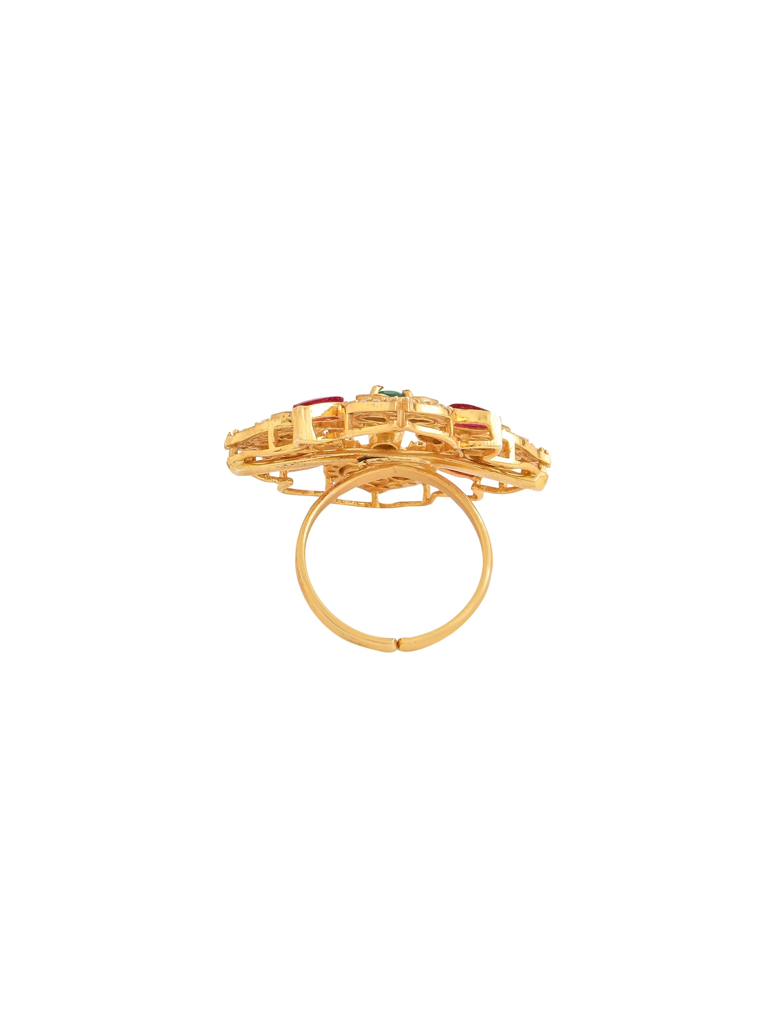 24K Gold plated Mughal-Inspired Green Onyx & Polki Wedding Bliss 925 Sterling Silver Ring For Women