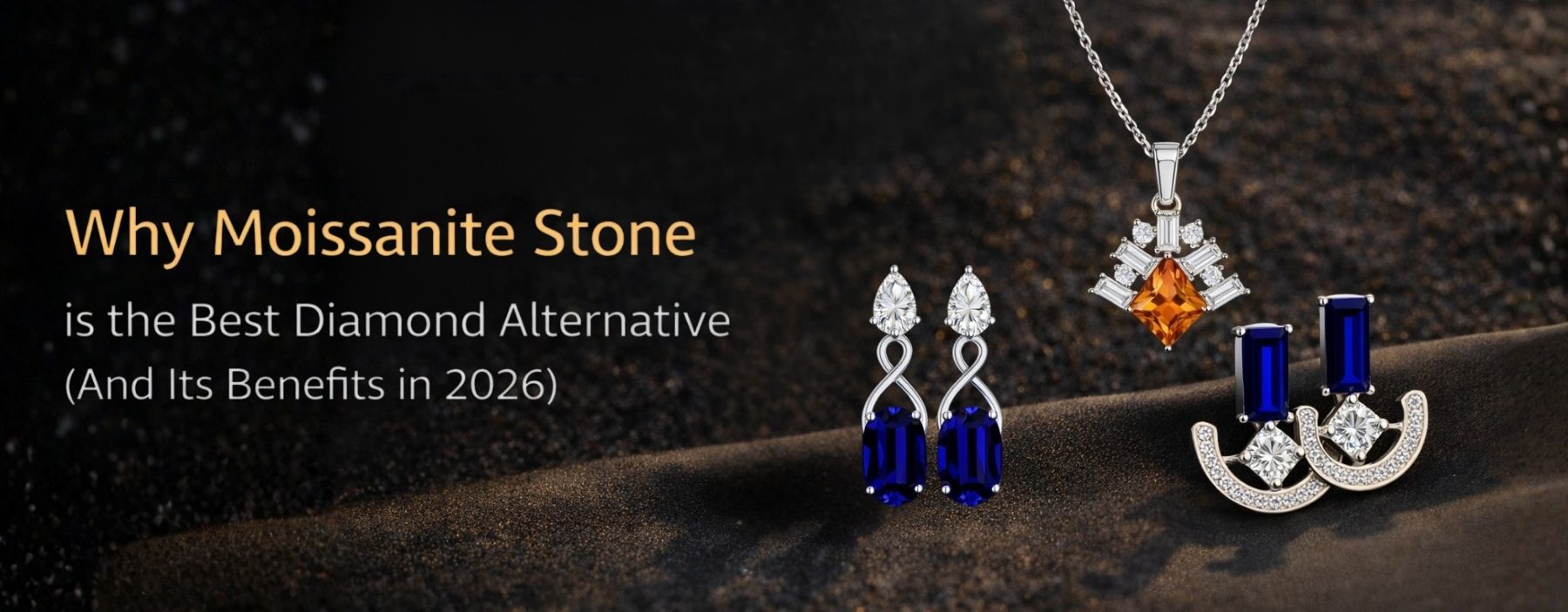Elegant moissanite gemstone jewelry collection with pendant and earrings showcasing brilliant sparkle and modern design.