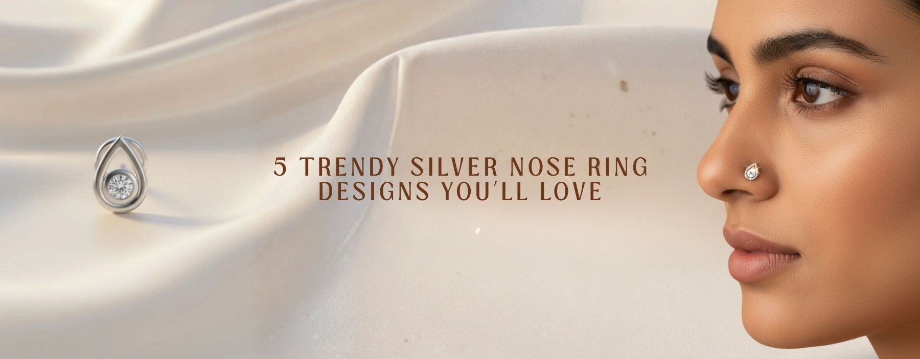 Woman wearing a trendy silver nose ring with diamond detailing, showcasing modern silver nose ring designs for stylish everyday and party wear.