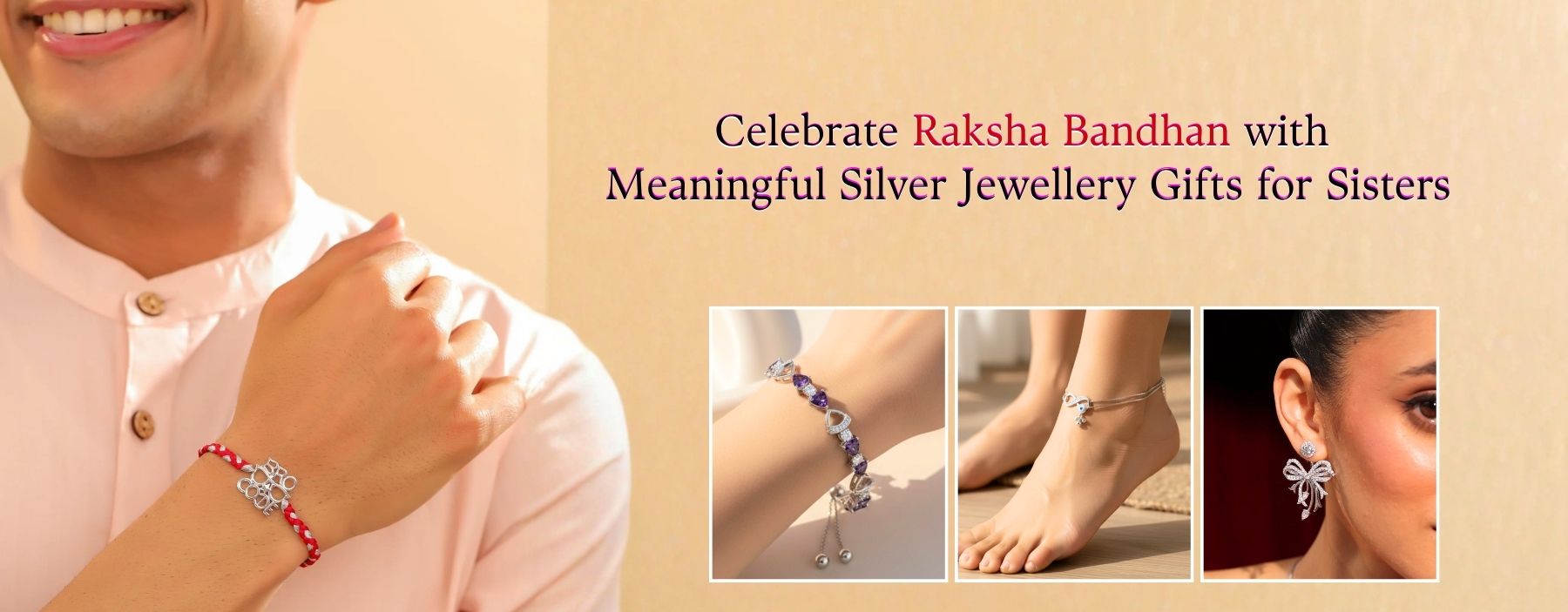 Silver bracelet, anklet and earrings showcased for Raksha Bandhan gifts.