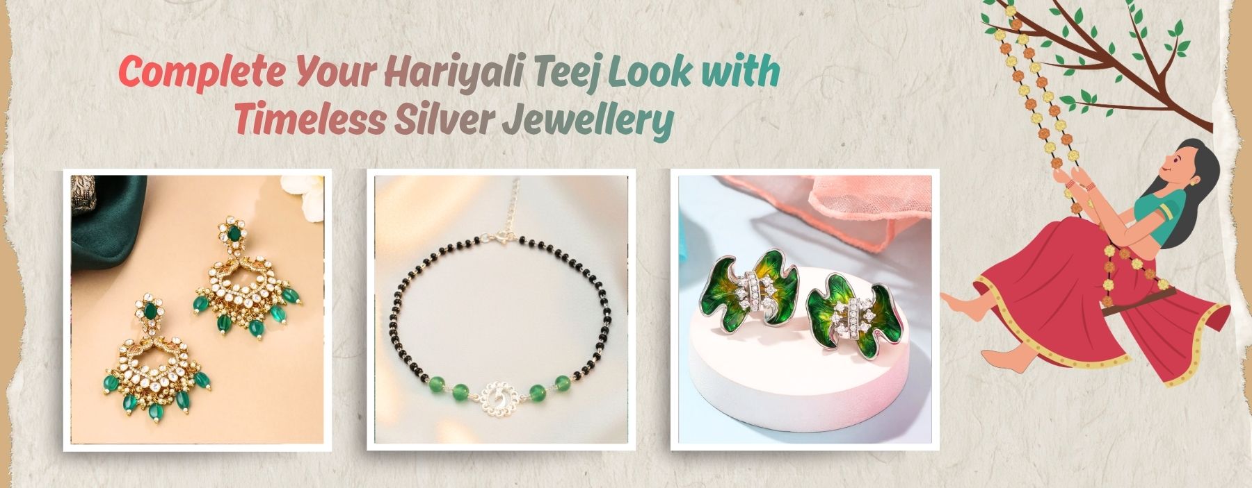 Complete your Hariyali Teej look with timeless silver jewellery, showcasing festive earrings, a black bead silver necklace, and elegant green jewellery designs.
