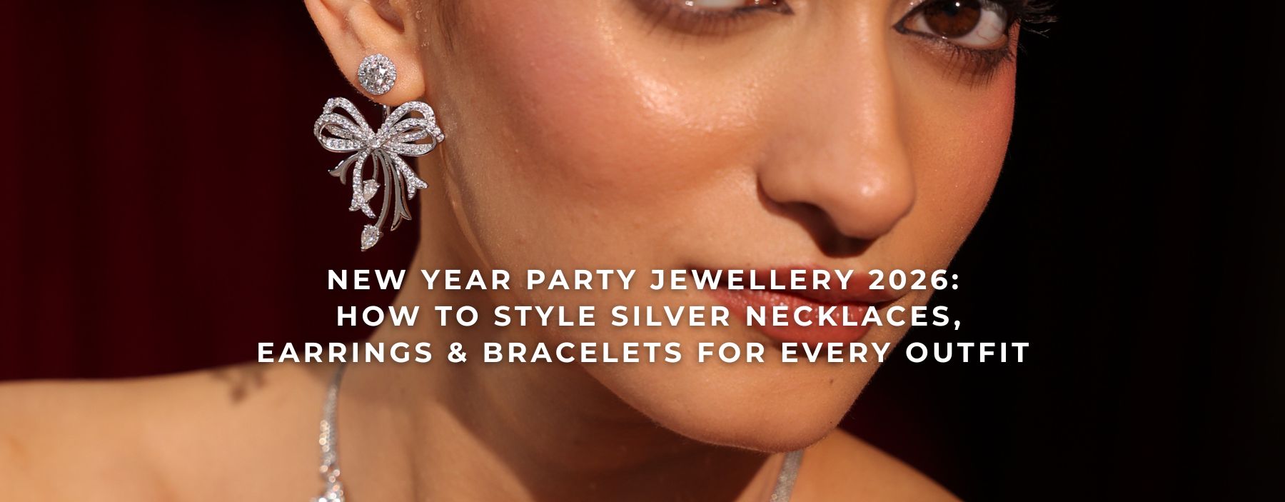 New Year Party Jewellery 2026 featuring styled silver necklaces, earrings and bracelets paired with modern outfits for elegant festive celebrations.