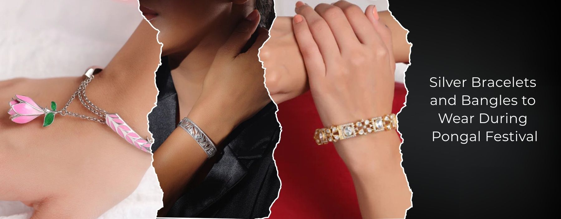 Silver bracelets and bangles styled with traditional attire for Pongal festival celebrations.
