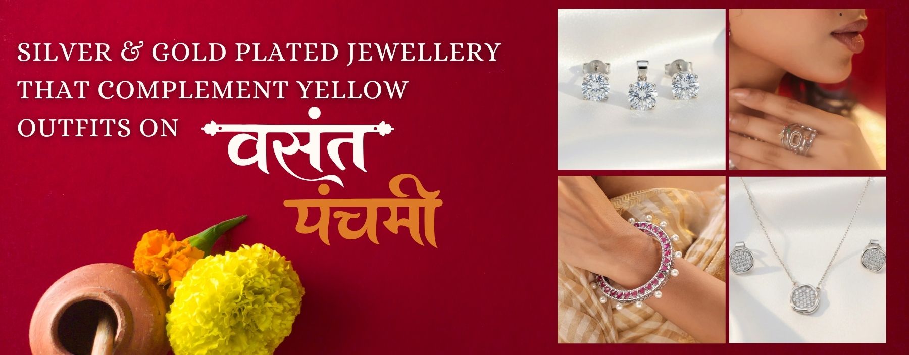 Silver and gold plated jewellery styled with yellow ethnic outfit for Vasant Panchami celebration.