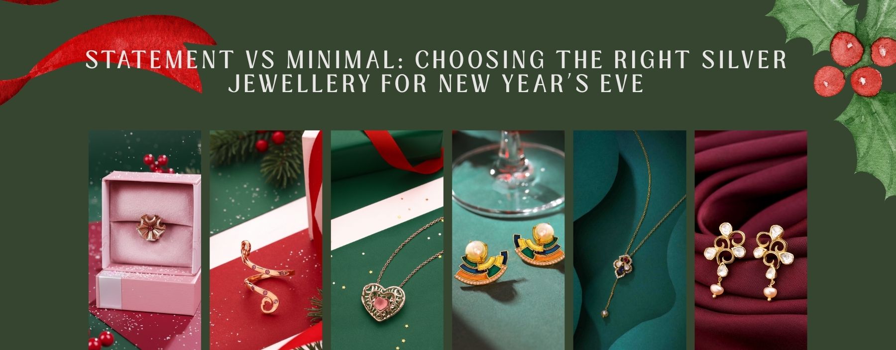 Statement vs minimal silver jewellery styles for New Year’s Eve featuring elegant rings, earrings, and necklaces on festive backgrounds.