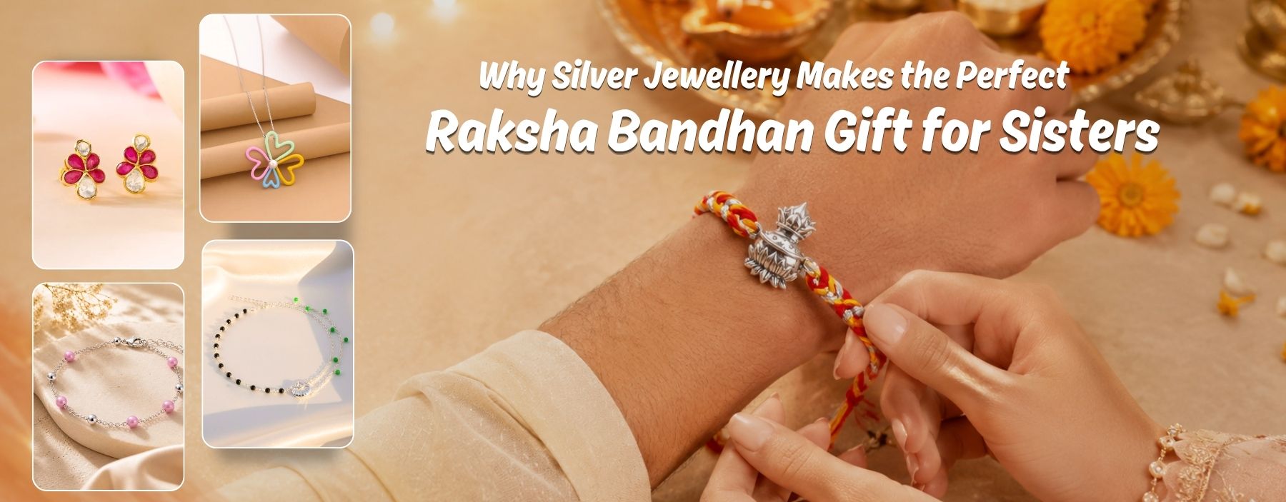 Rakhi ceremony with silver bracelet and colorful jewellery gift collection.