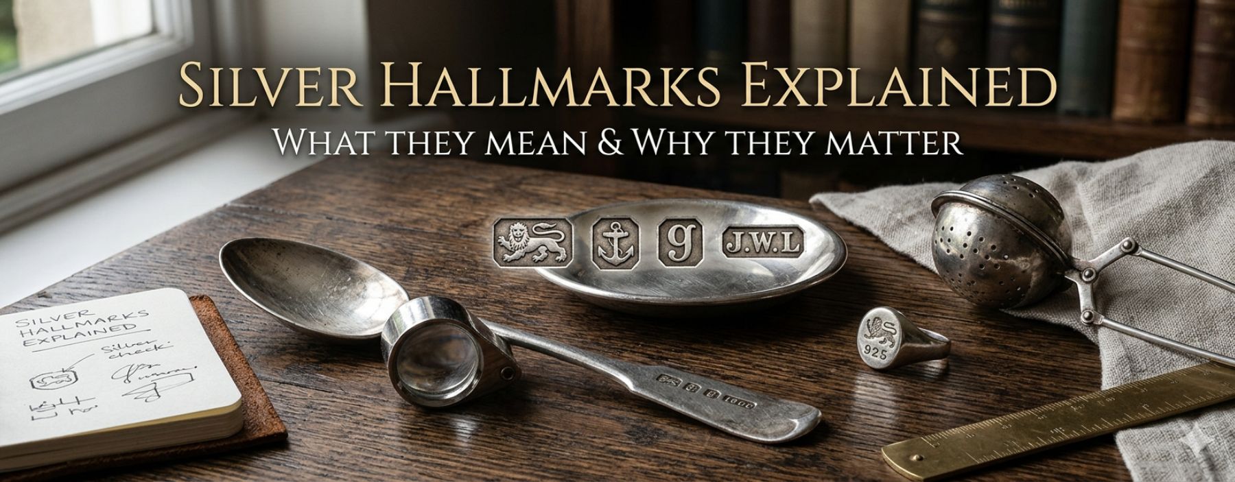 Various silver jewellery items displaying hallmark stamps for purity and authenticity.