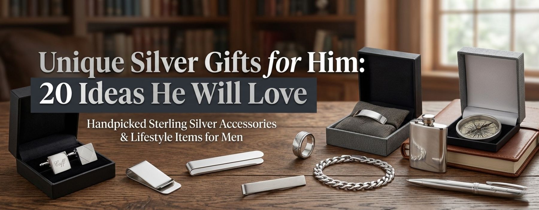 Elegant silver jewellery gifts for men including bracelets and necklaces.