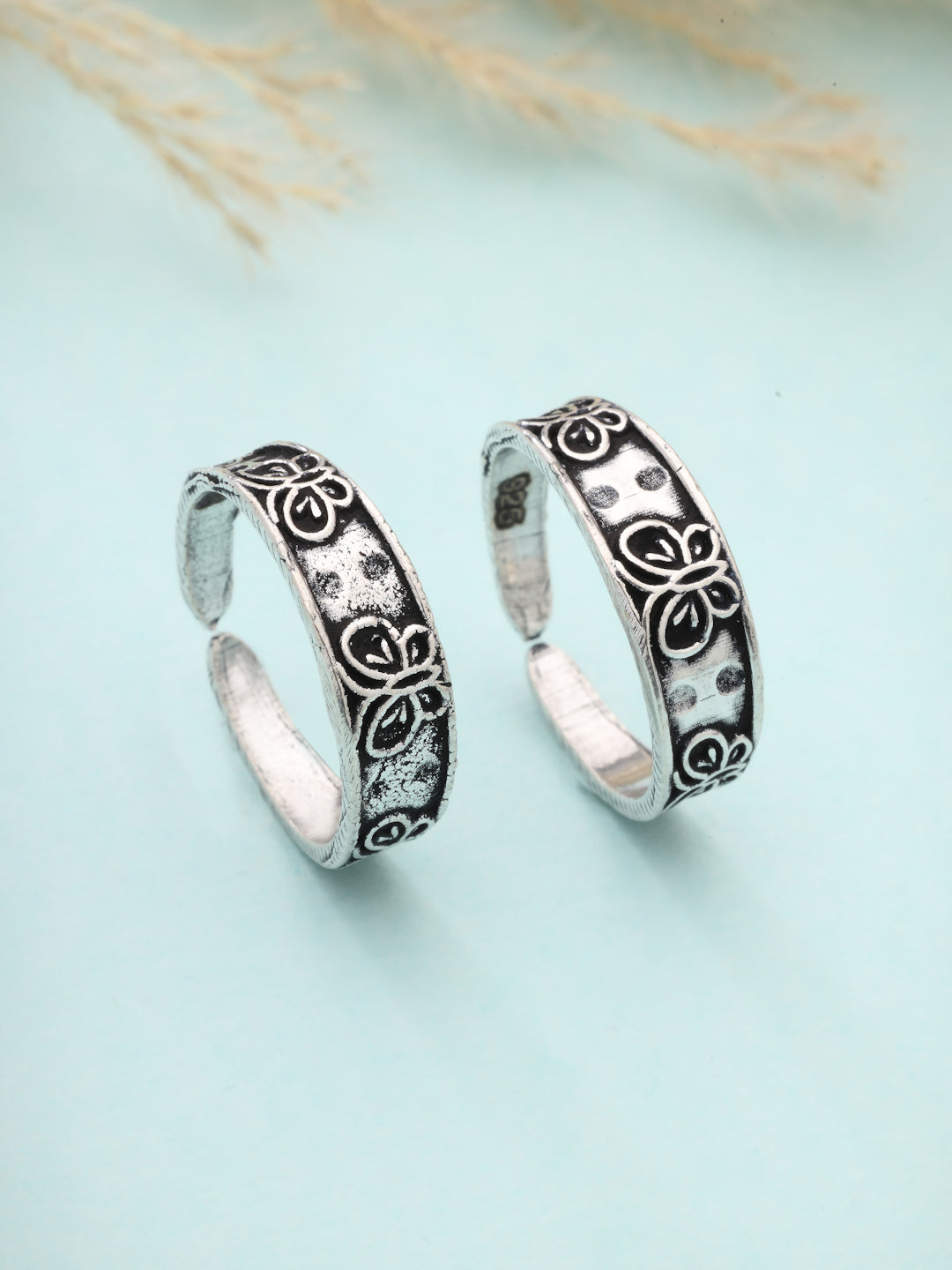 Butterfly Motif 925 Sterling Silver Oxidized Adjustable Toe Rings (Pair)