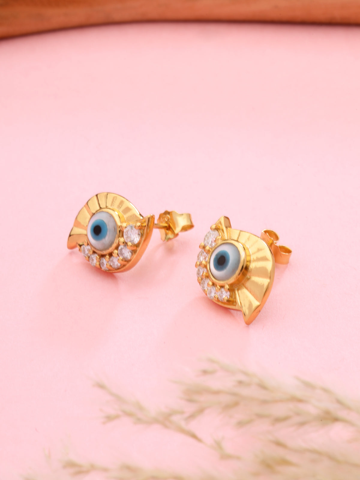 Evil Eye and Moissanite Stud Earrings in 925 Sterling Silver with Gold Plating