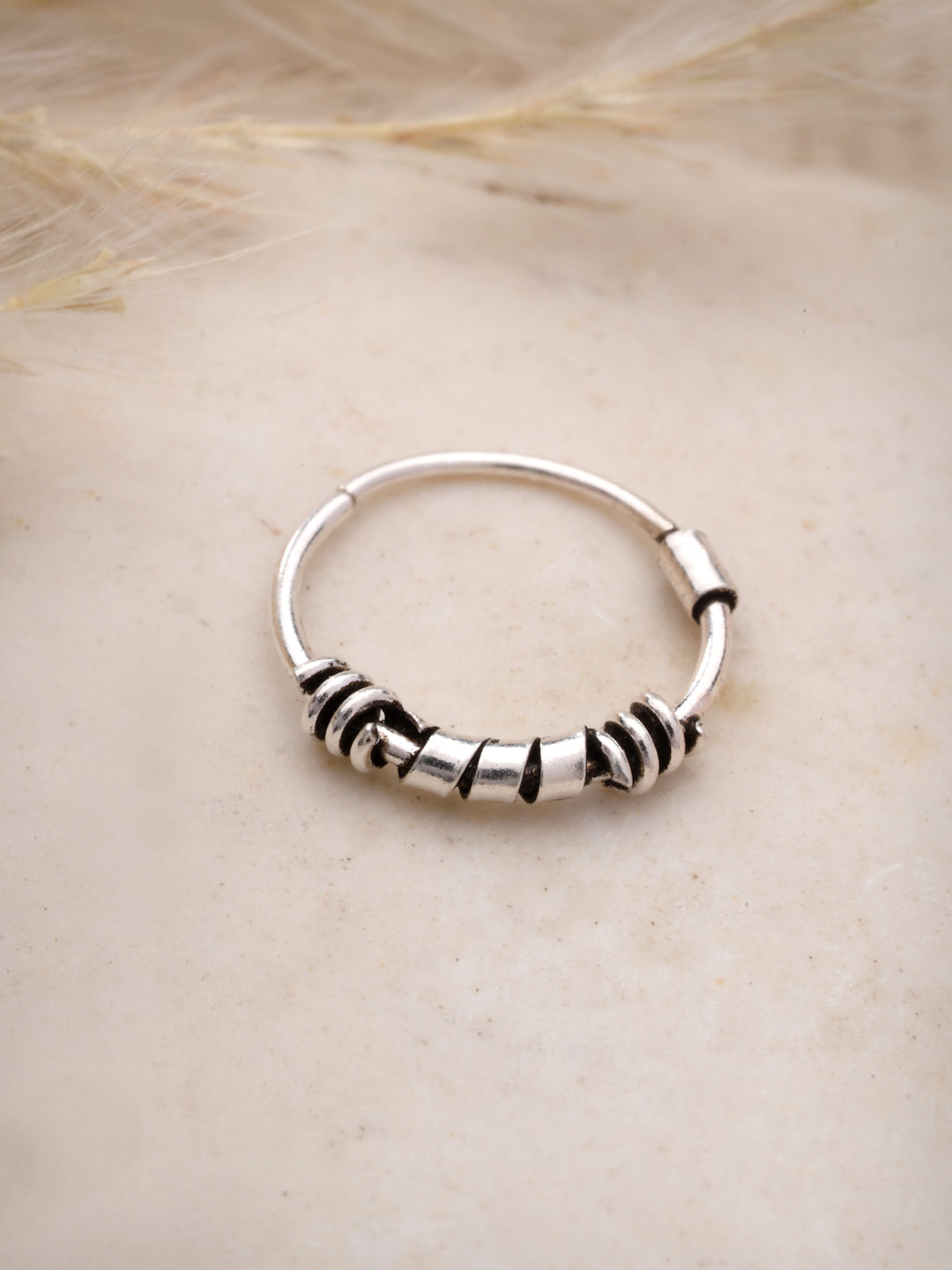 Sterling Silver Bali-Style Hoop Nose Ring with Textured Coil Details