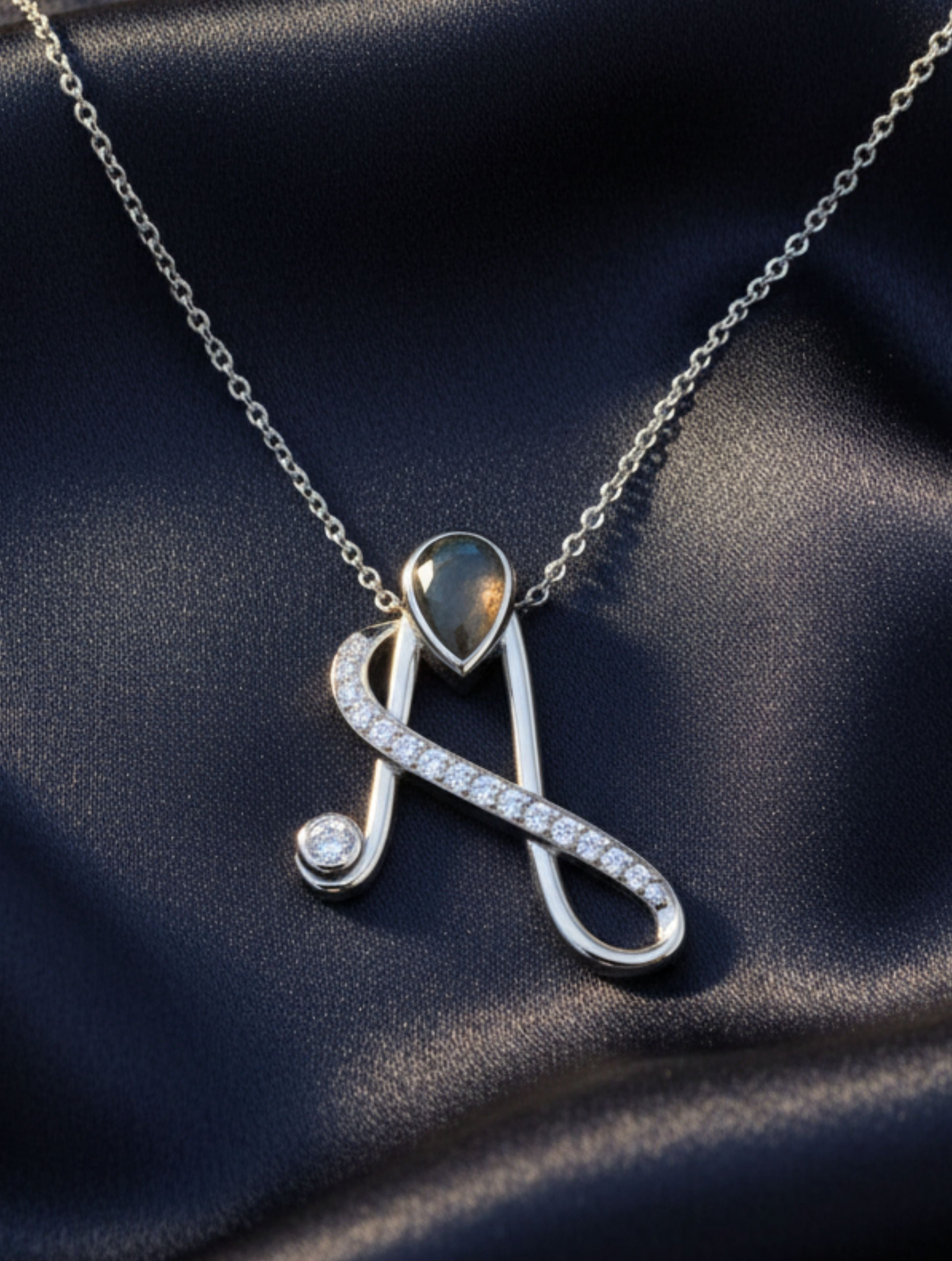 Signery ‘A’ Initial Pendant – Labradorite Moissanite & Rhodium Plated