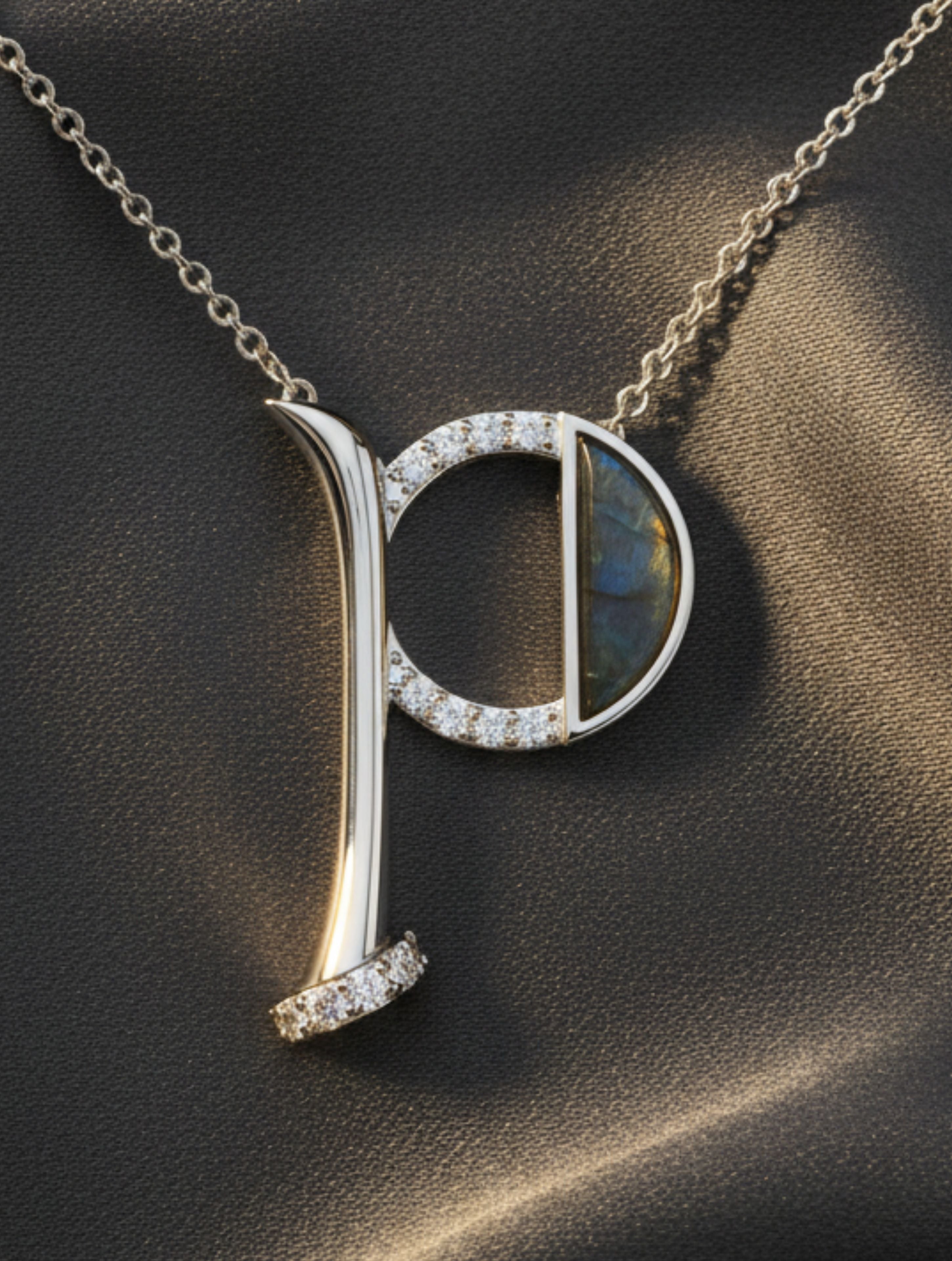 Signery ‘P’ Initial Pendant – Labradorite Moissanite & Rhodium Plated