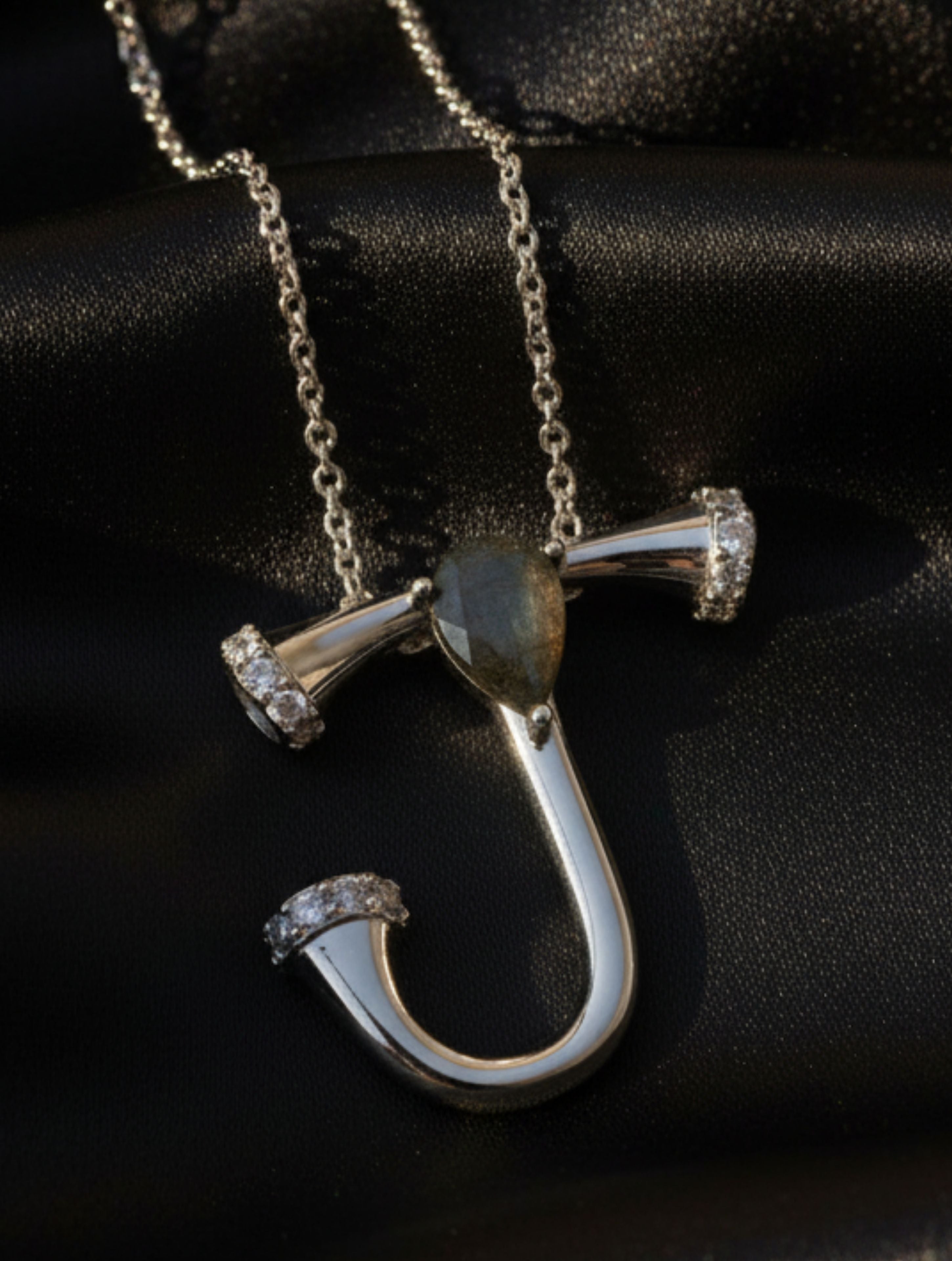 Signery ‘J’ Initial Pendant – Labradorite Moissanite & Rhodium Plated