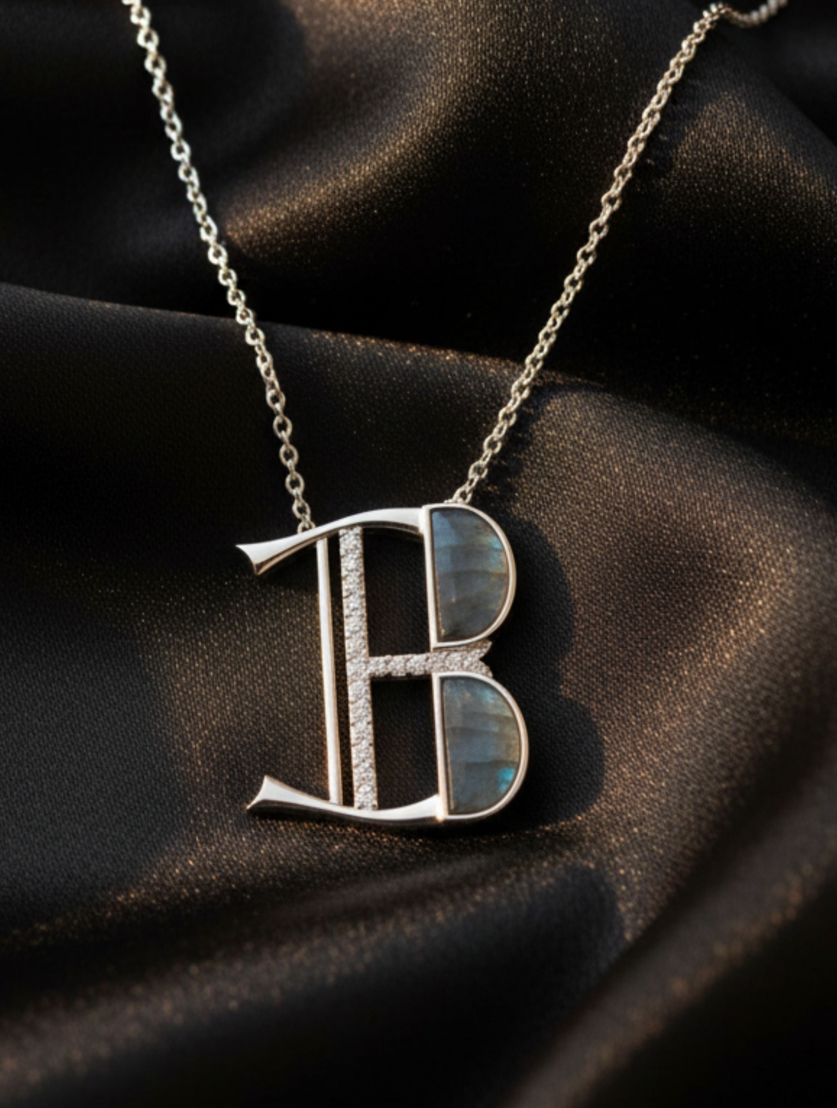 Signery ‘B’ Initial Pendant – Labradorite Moissanite & Rhodium Plated