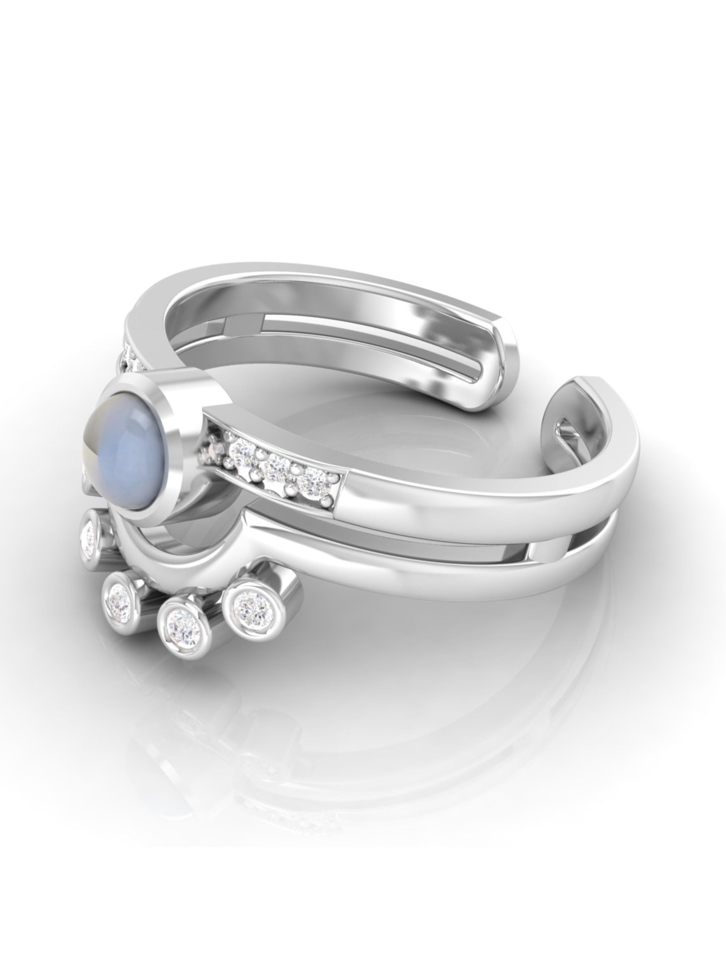 Rainbow Moonstone & Moissanite Adjustable Ring in 925 Sterling Silver