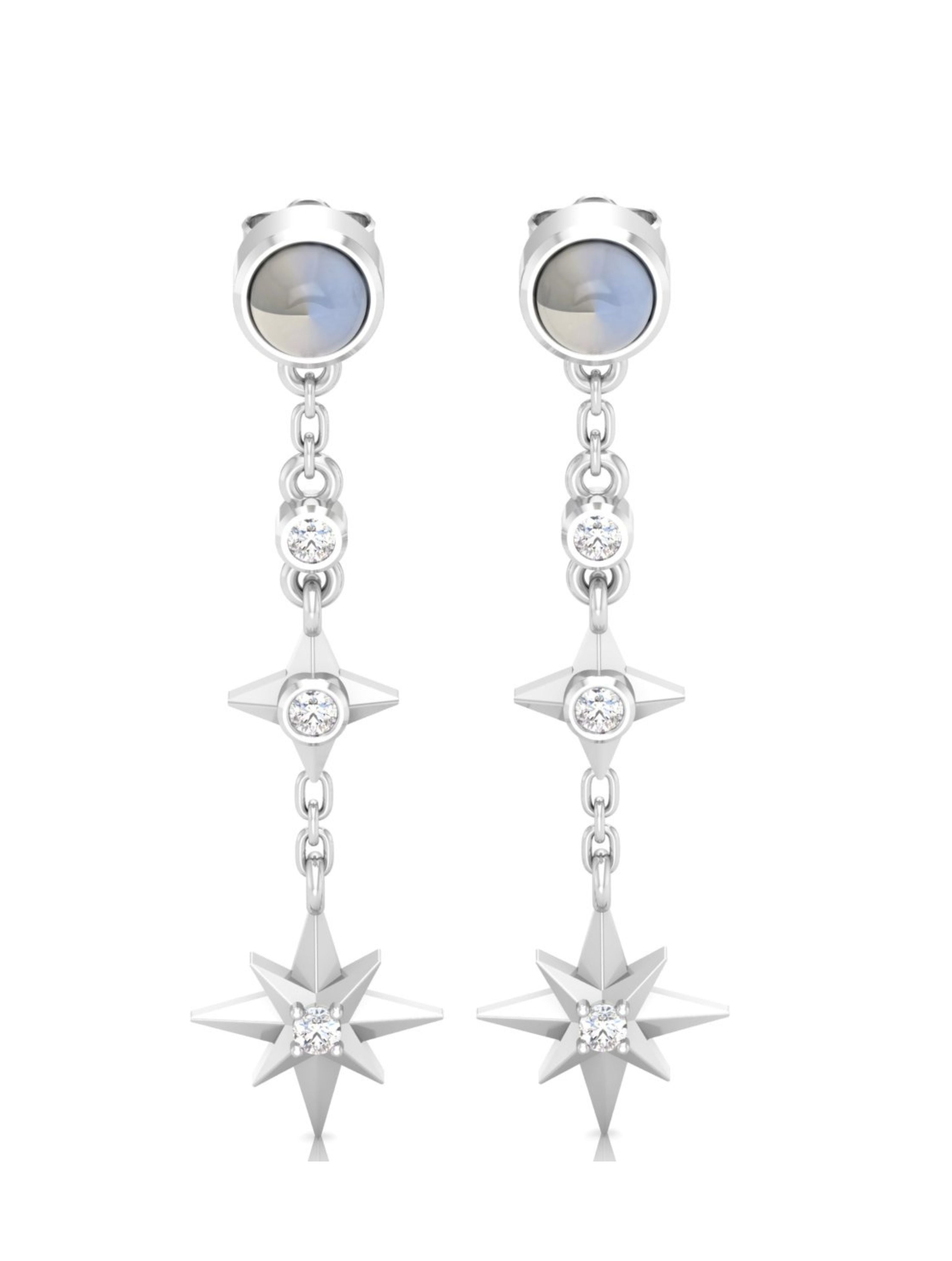 Celestial North Star Moonstone & Moissanite Drop Earrings in 925 Sterling Silver