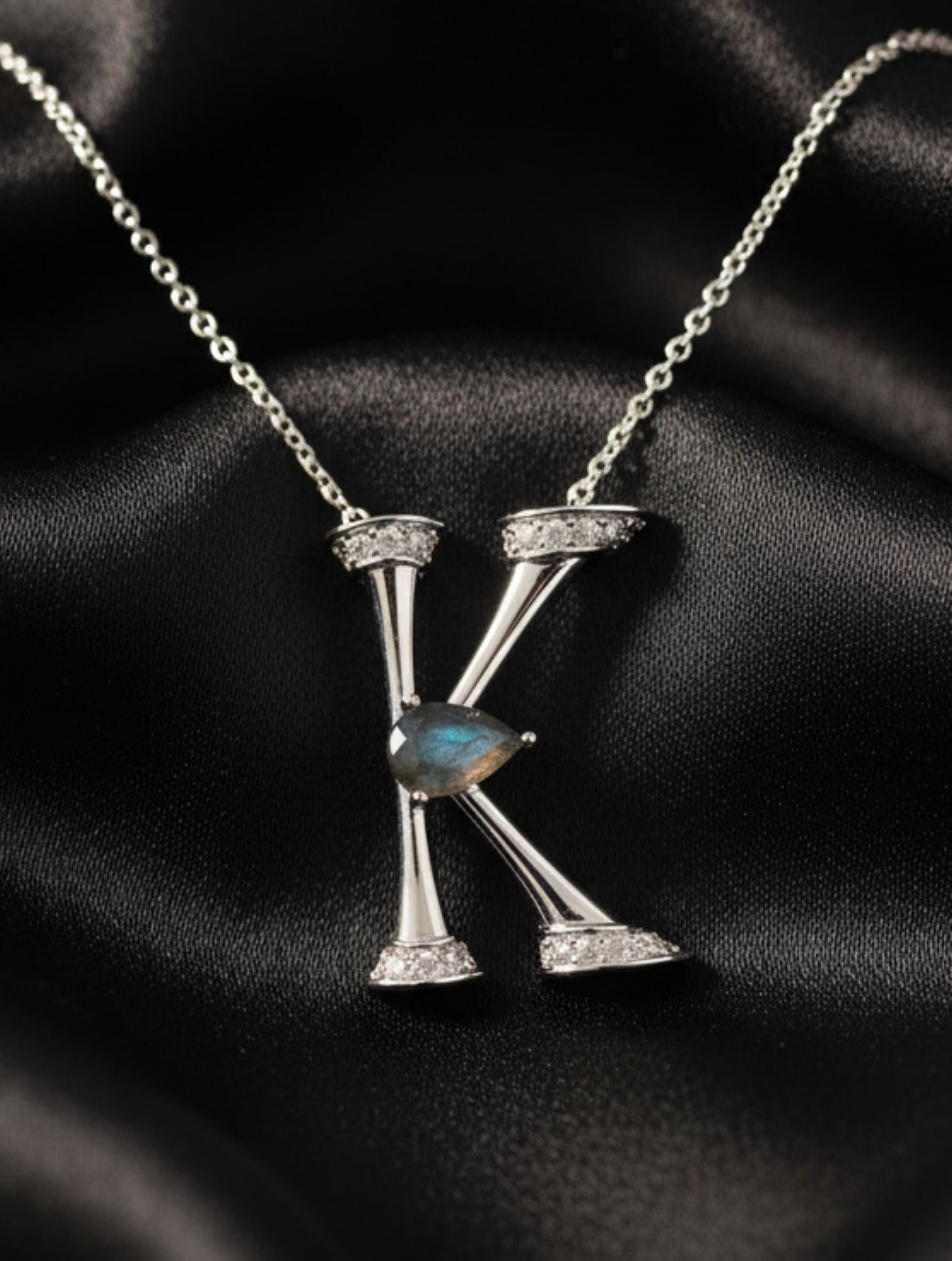 Signery ‘K’ Initial Pendant – Labradorite Moissanite & Rhodium Plated