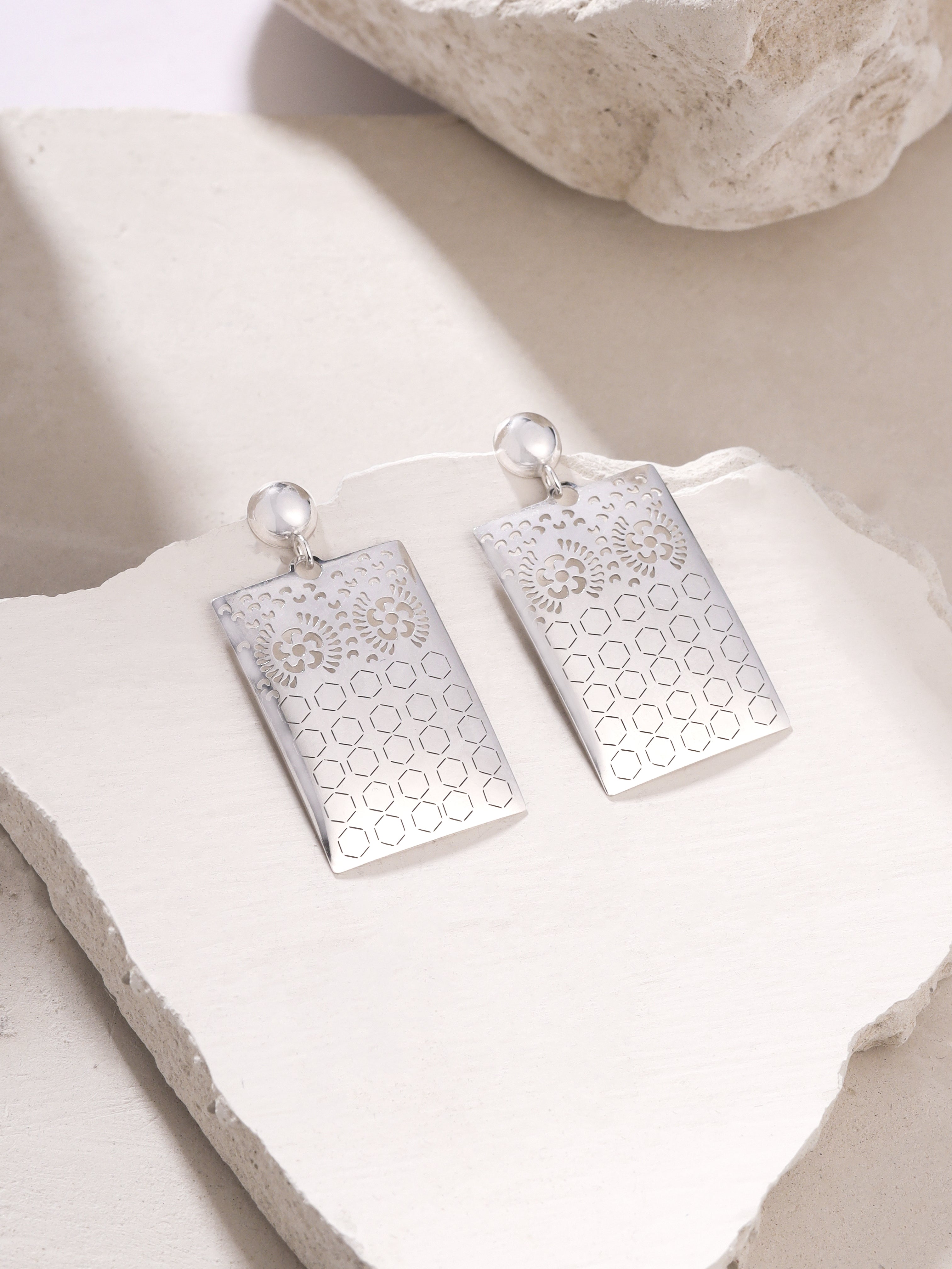 Geometric Jali Pattern Earrings Syra Collection (Silver Rhodium)