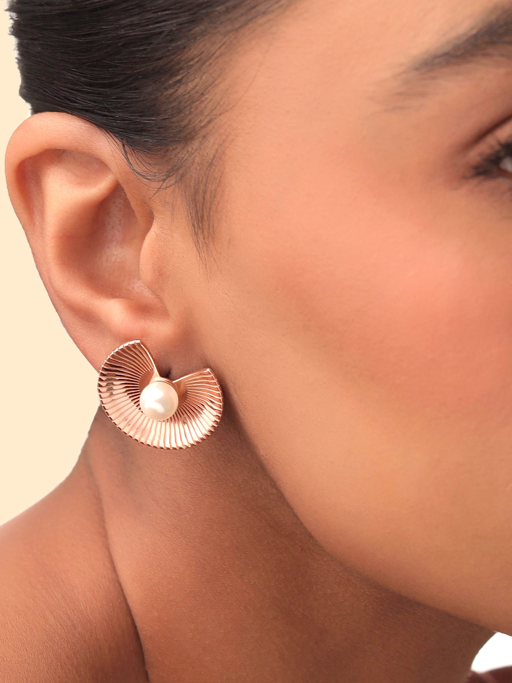 Rose Gold Abstract Pearl Stud Earrings Syra Collection