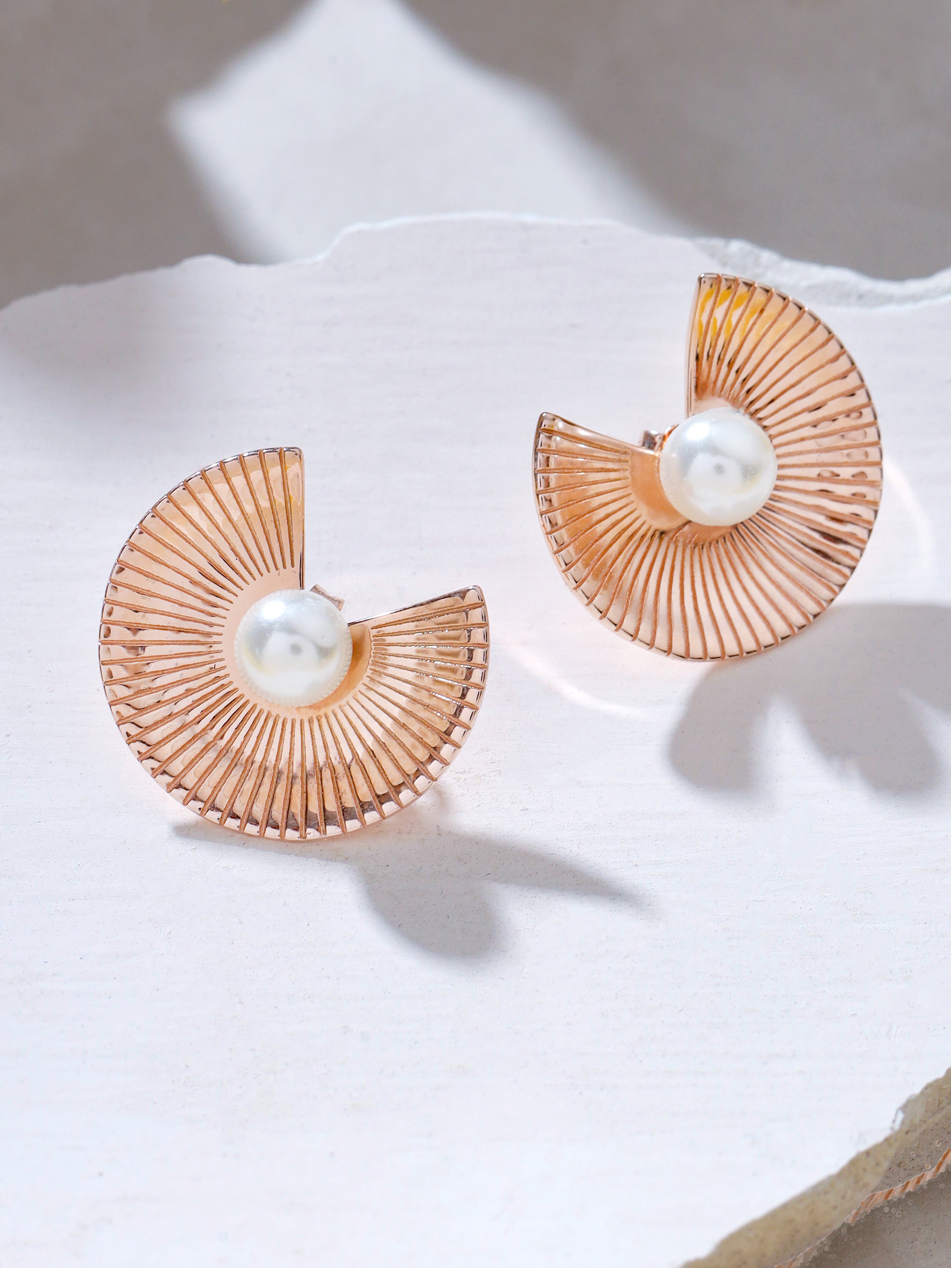 Rose Gold Abstract Pearl Stud Earrings Syra Collection