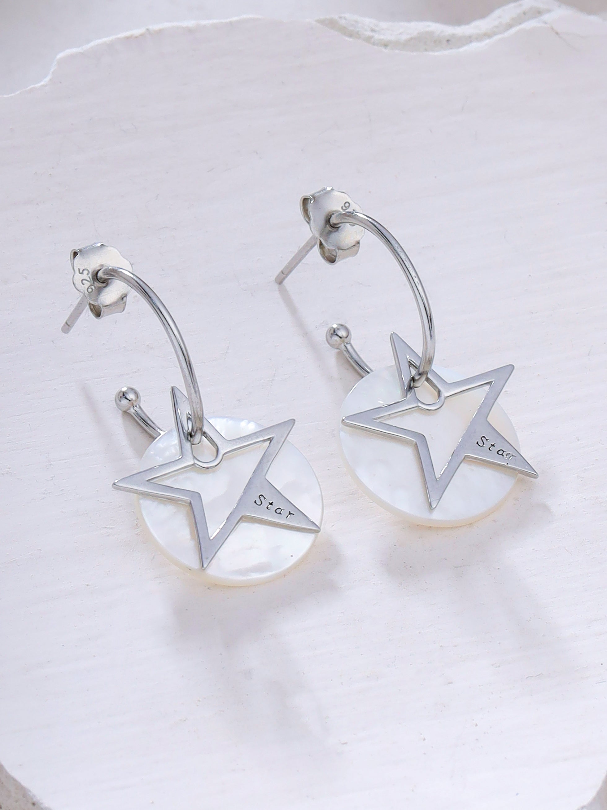 24k Gold Star and Mother of Pearl Hoop Earrings Syra Collection