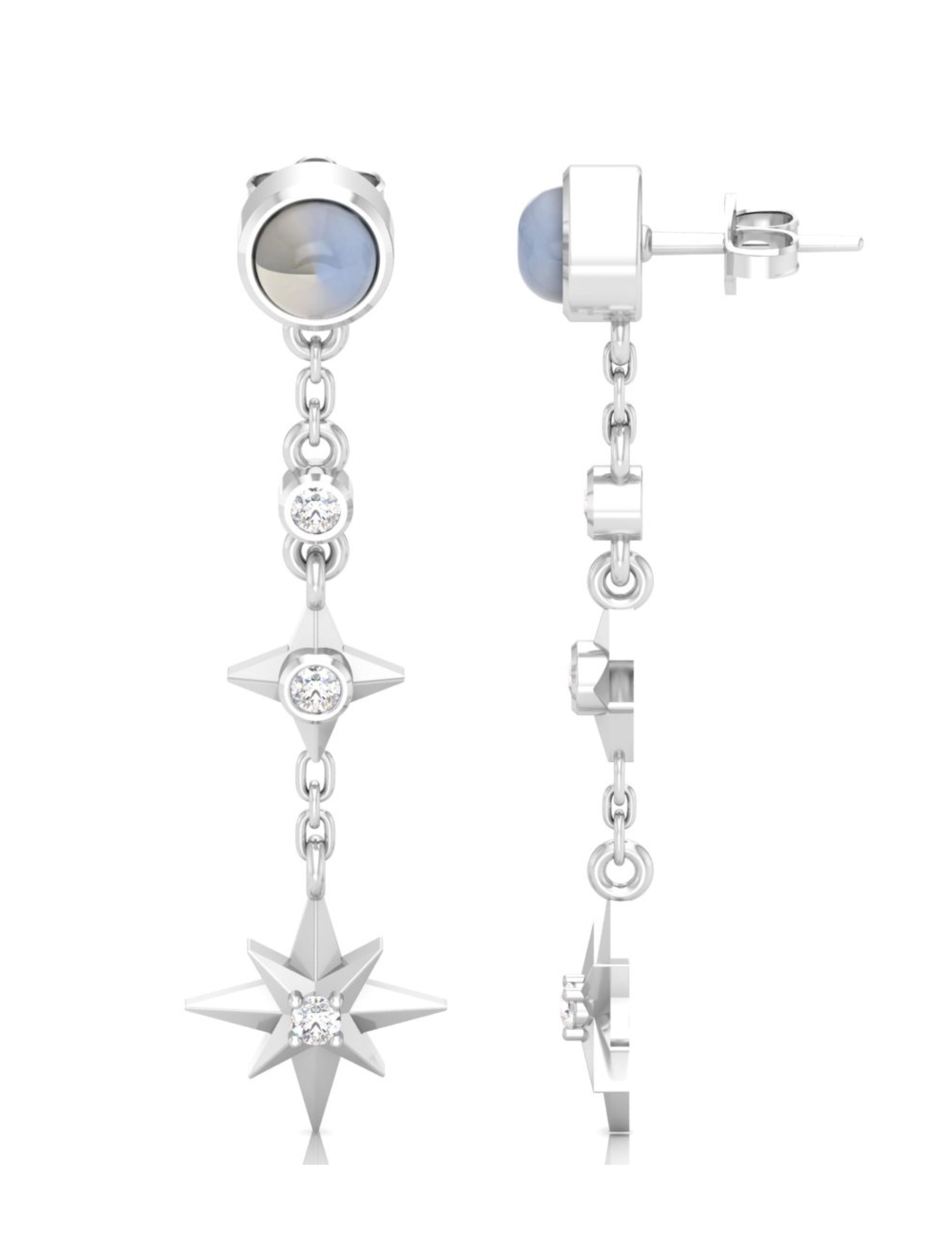 Celestial North Star Moonstone & Moissanite Drop Earrings in 925 Sterling Silver